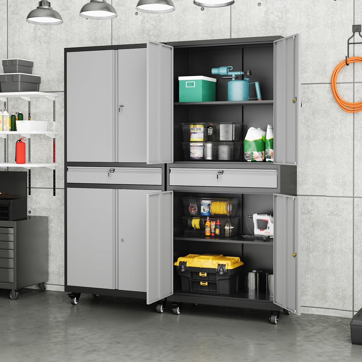 Yizosh Metal Garage Storage Cabinet with Locking Doors and Adjustable Shelves, Rolling Tool Storage Cabinet with 4 Wheels and 1 Drawer - 73" Steel Yizosh