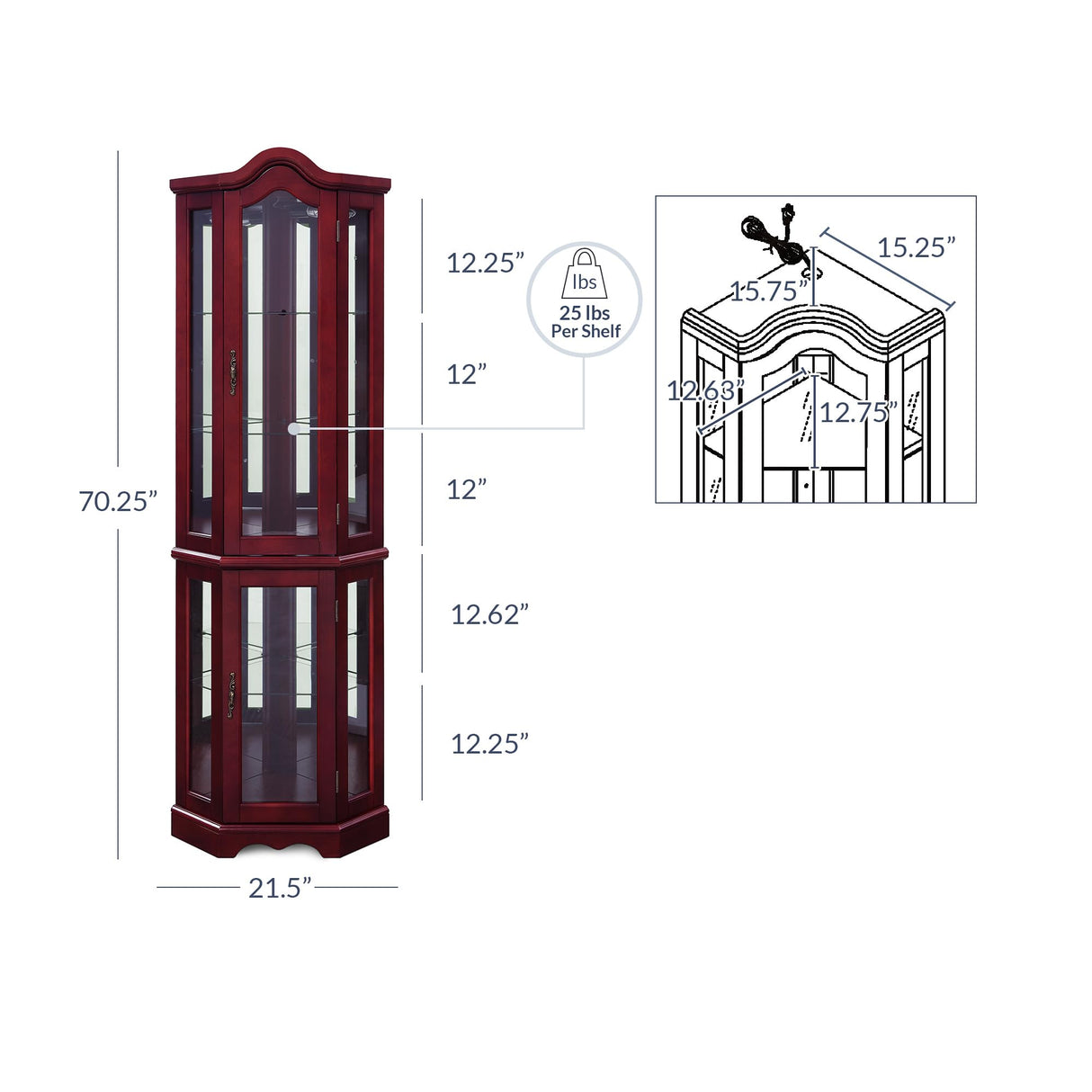 BELLEZE Lighted Corner Display Curved Top Curio Cabinet Wooden Shelving Unit with Tempered Glass Door, Bar and Liquor Storage Area with 5 Shelves - BELLEZE