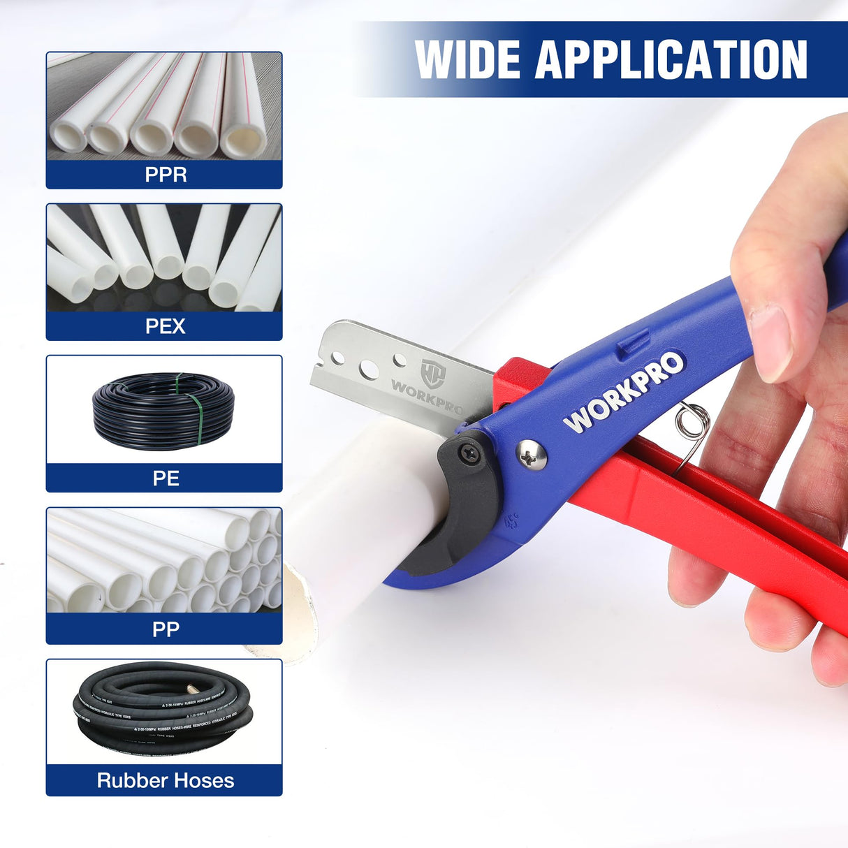 WORKPRO PEX Pipe Cutter with Sharp 7Cr17MoV Blades, Hose Cutter with 1/8"-1-5/8" Cutting Capacity, Tubing Cutter for PPR, PE, PP, and Rubber Hoses, WORKPRO