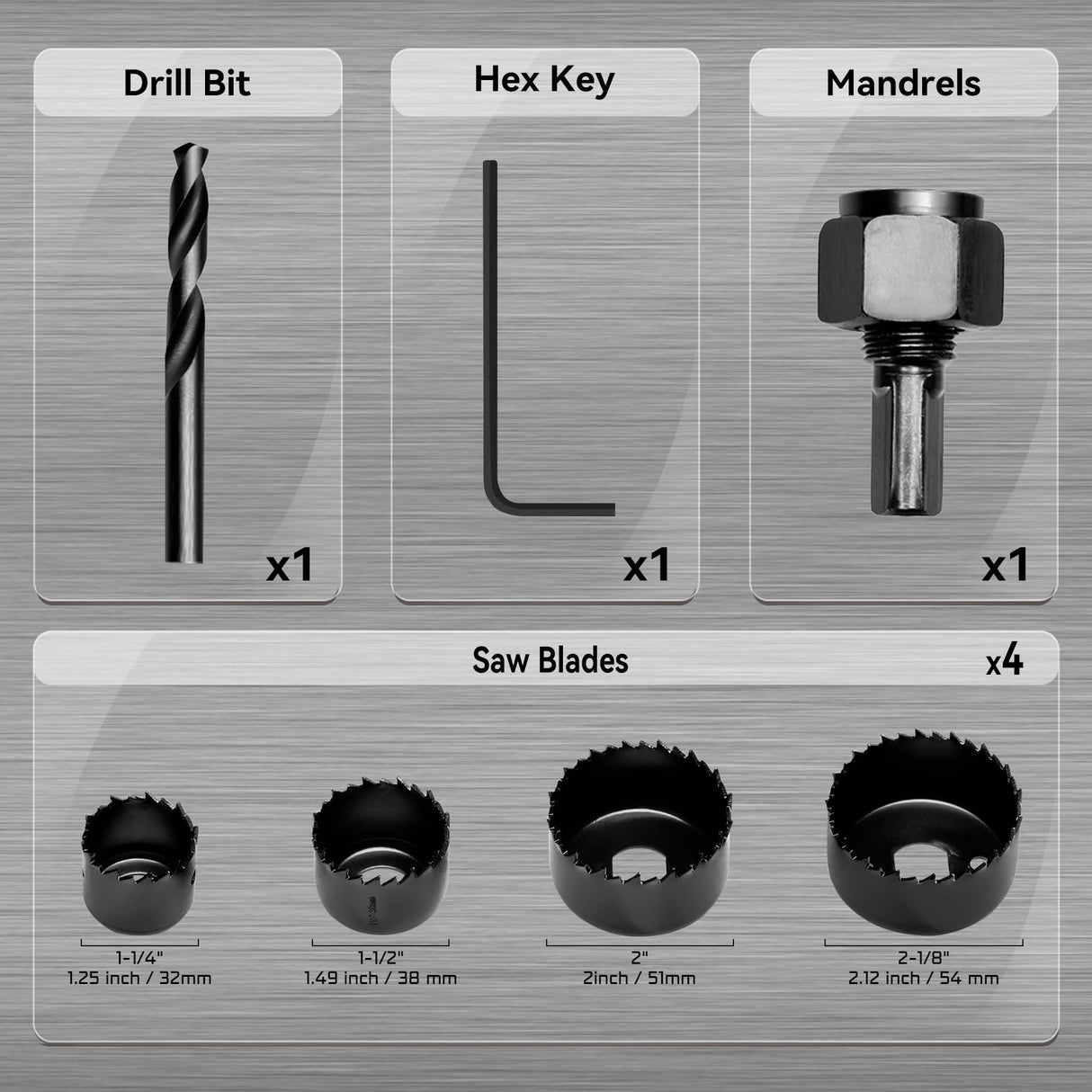 KATA 6PCS Hole Saw Kit 1-1/4" to 2-1/8"(32-54mm) Hole Saw Set in Case with Mandrels and Hex Key for Soft Wood, PVC Board, Plywood KATA