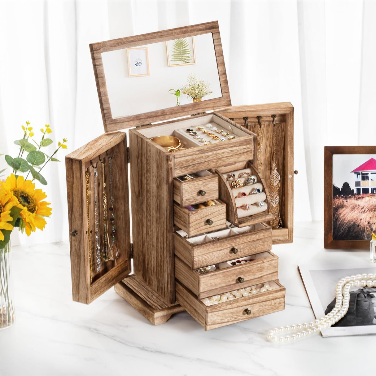 Yoimori Jewelry Box for Women, Rustic Wooden Jewelry Boxes & Organizers with Mirror & Drawers,6 Layer Jewelry Organizer Box for Rings Earrings Yoimori