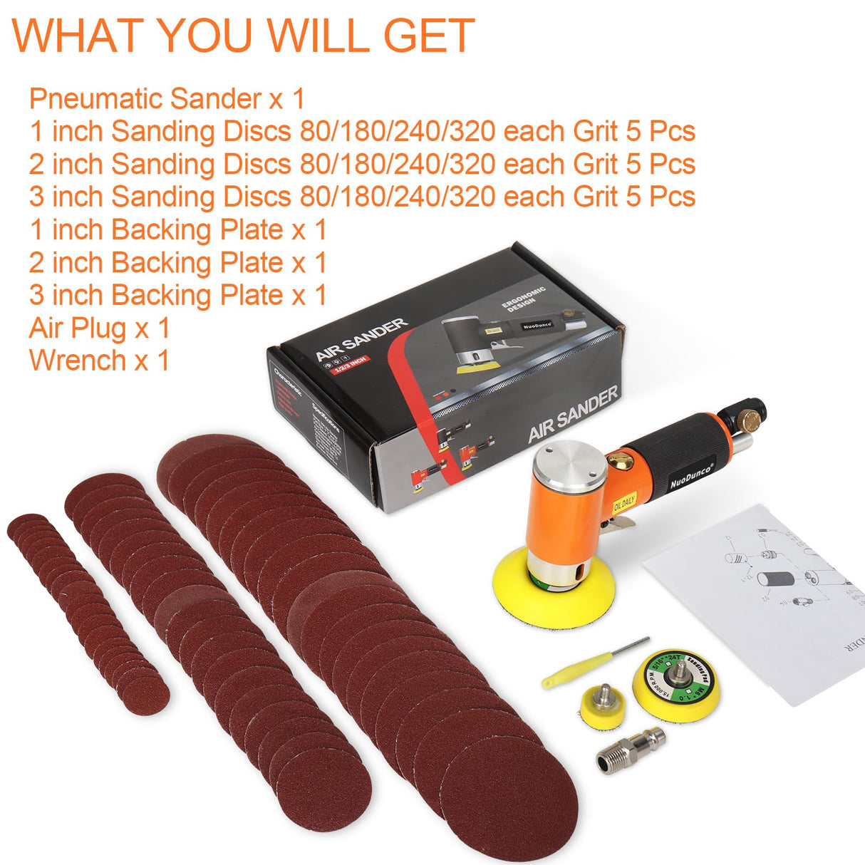 NuoDunco 1/2/3 Inch Mini Random Orbital Air Sander Kit Industrial Grade Pneumatic Sander for Auto Body Work with 60 Pcs 1"2"3" Hook & Loop Sanding NuoDunco