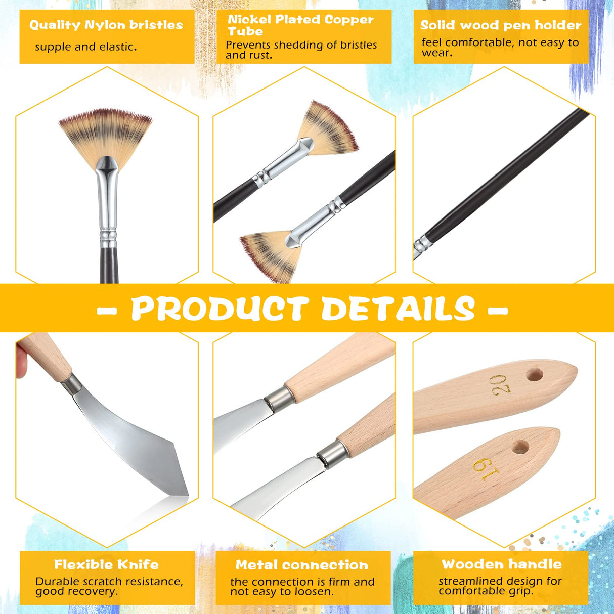 5 Pieces Painting Knife Set Background Blender Brush and Fan Blender Artist Brush Stainless Steel Palette Knife 2 Inch and 1 Inch Landscape Brush for CHENGU