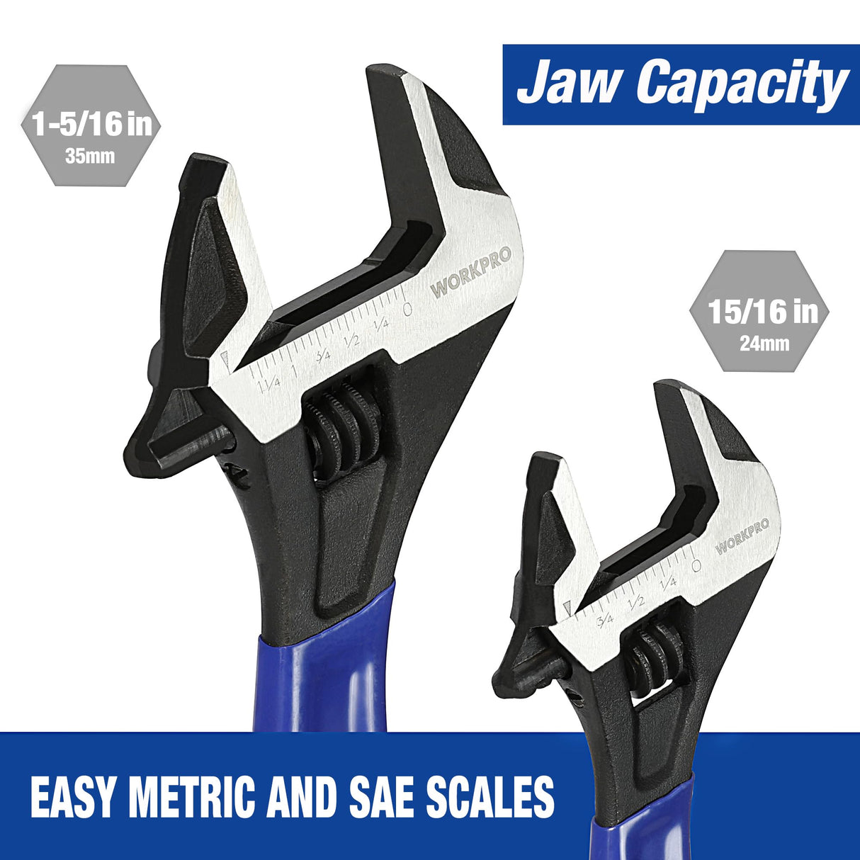 WORKPRO 2-piece Adjustable Wrench Set, 6-Inch & 10-Inch Wrenches, Wide Jaw Black Oxide Wrench, Metric & SAE Scales, Cr-V Steel, for Home, Garage, WORKPRO