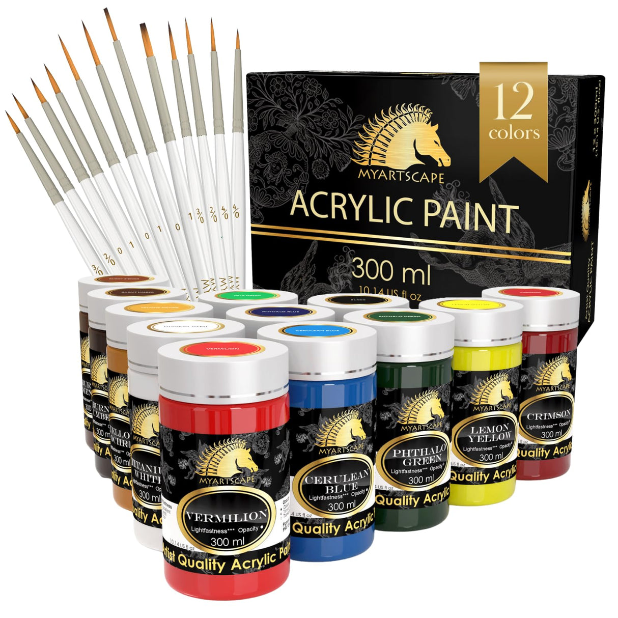 MyArtscape Acrylic Paint Set - 12 x 300ml Bottles with Miniature Paint Brushes, Set of 12 for Detail & Fine Point Painting MyArtscape