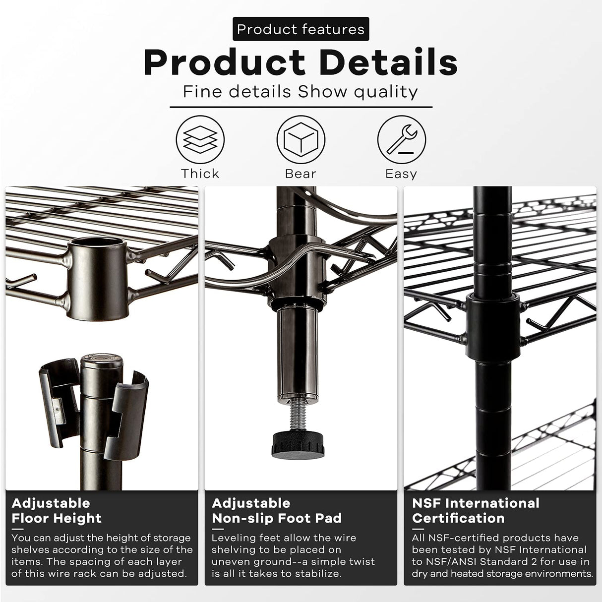 3-Tier Storage Shelves Adjustable,Wire Shelving Heavy Duty Storage Rack(150 Lbs Loading Capacity/Shelf) Metal Shelf Organizer Wire Rack Shelf for MGHH