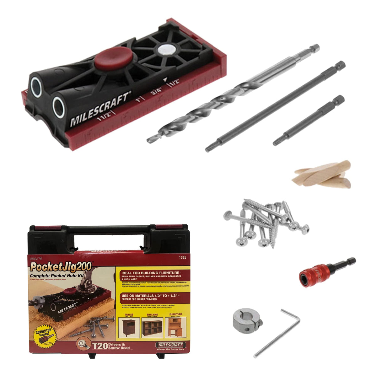 Milescraft 1325 Pocket Jig 200 - Complete Double/Twin Pocket Hole Jig Kit System. Easy to use, pocket hole drill guide, screw jig with all Milescraft
