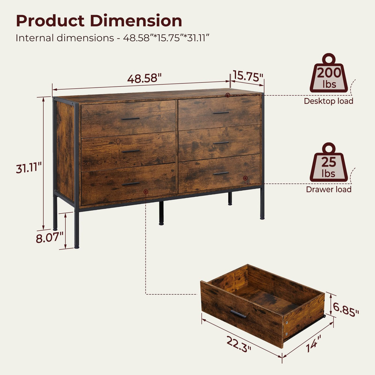 Lyromix Wood Dresser Wide 48'' Wooden TV Stand for Bedroom, Mid Century Modern Chest with Antique Finish, Perfect for Living Room Storage, 48.5" Lyromix