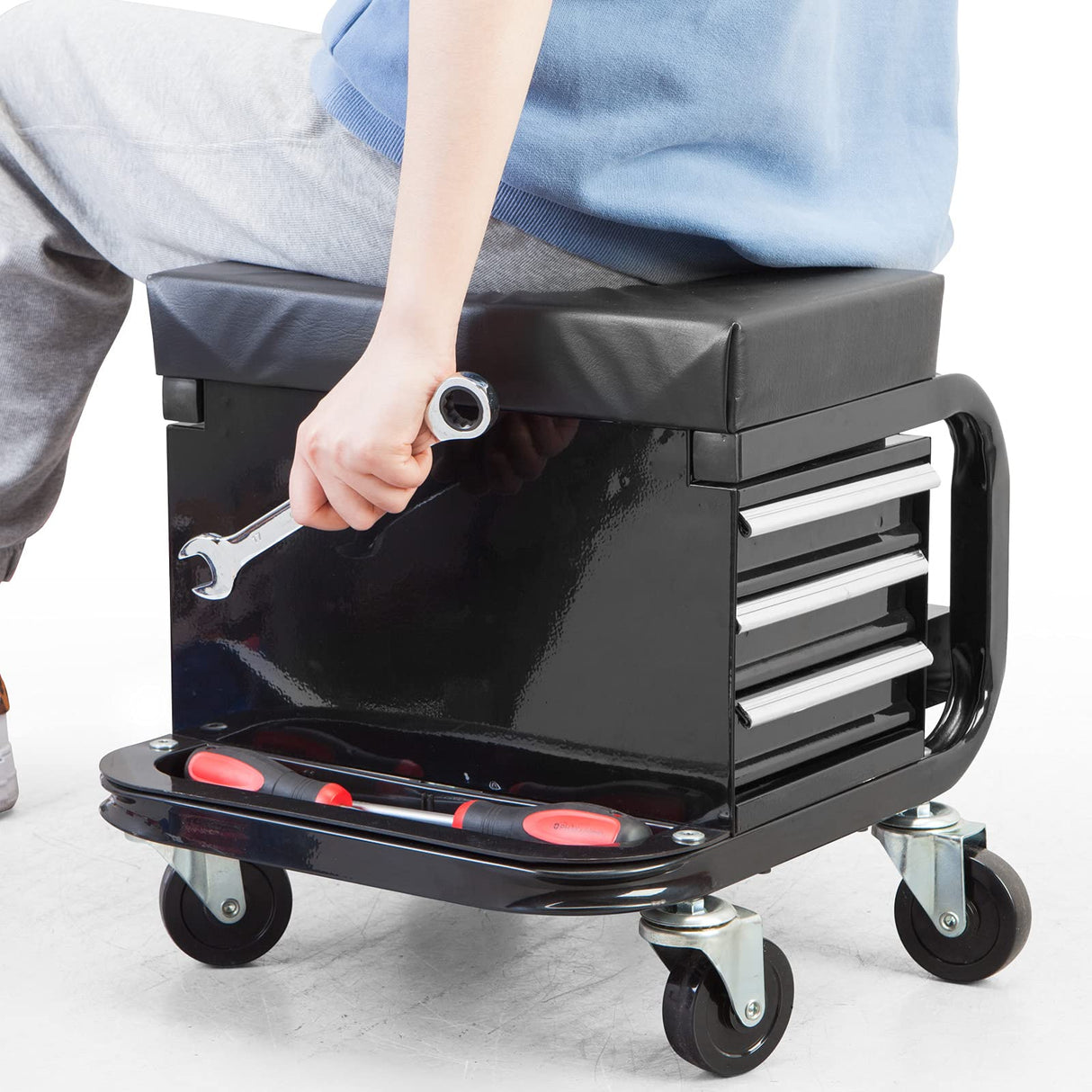 Torin APD2016AB Rolling Tool Chest/Tool Box with 3 Drawers and Wheels, Padded Mechanic Stool Creeper Seat, Black Torin