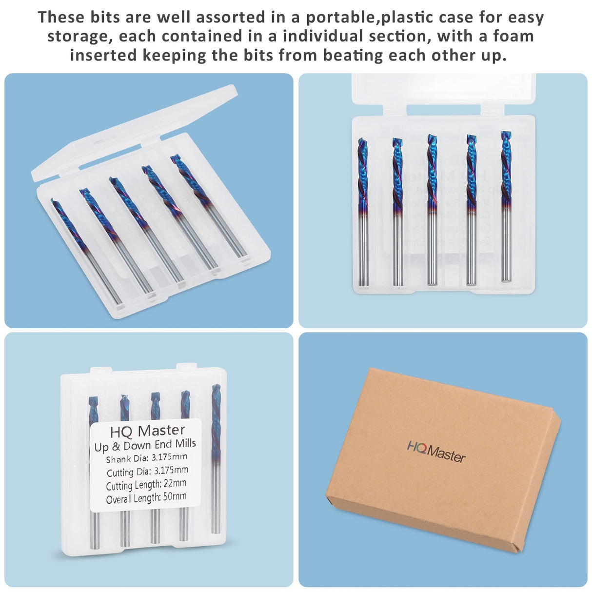 HQMaster Up & Down Cut Bit 1/8" Shank Compression Bit Spiral CNC Router Bits End Mill Tungsten Carbide Milling Cutter Set 5 Pack HQMaster