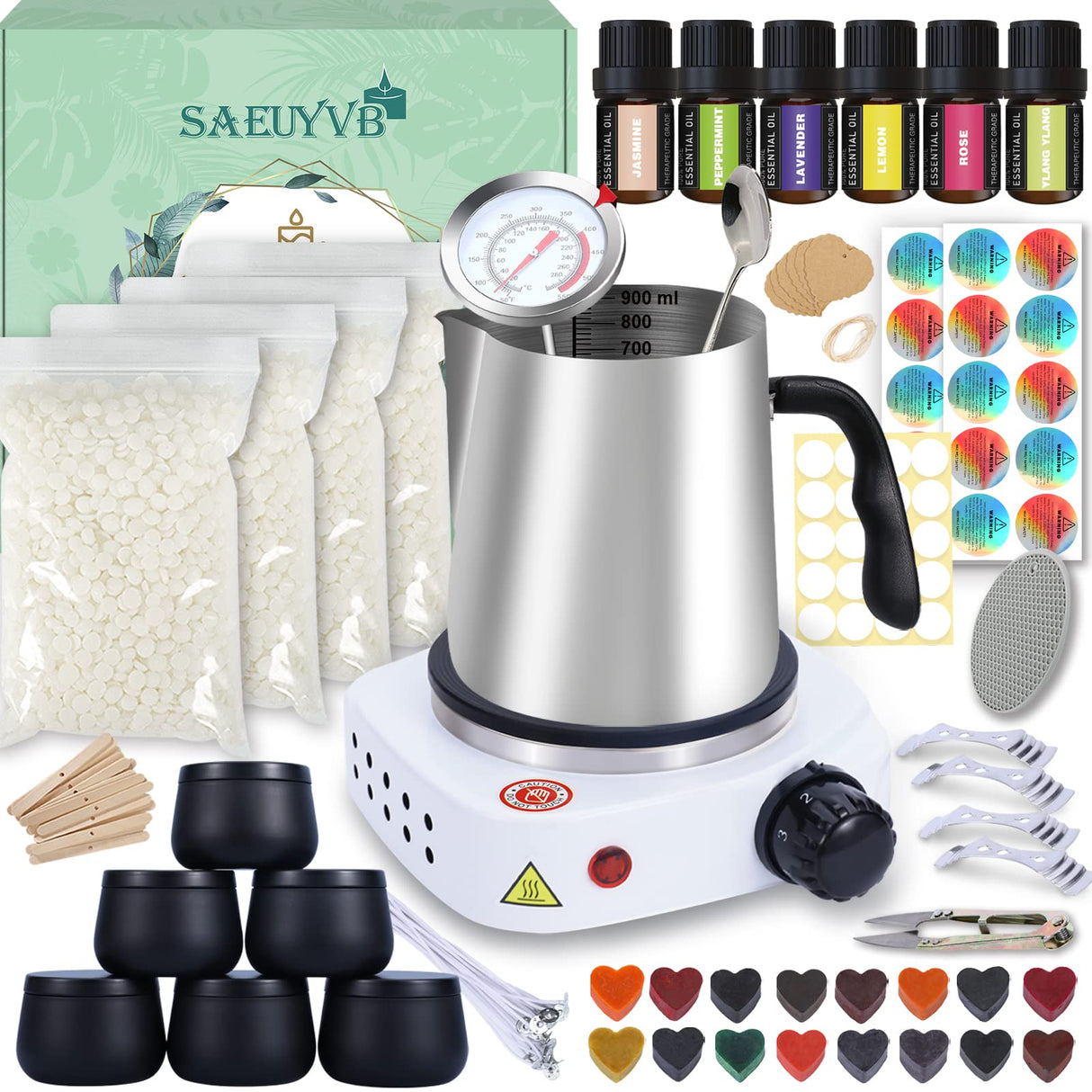SAEUYVB Candle Making Kit,Easy to Make Colored Candle Soy Wax Kit,Including Soy Wax, Wicks,Melting Pot, Tins and More SAEUYVB