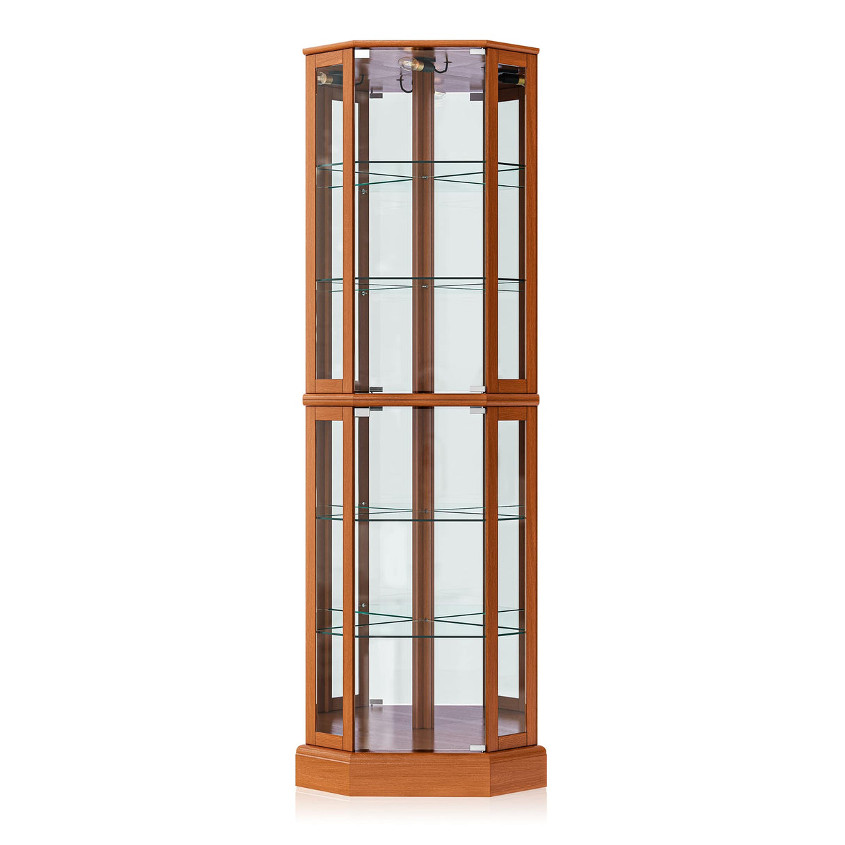 BELLEZE Lighted Curio Cabinet Corner Display Case for Living Room, China Hutch with Tempered Glass Doors and Shelves, Wooden Accent Cabinet, Bar and BELLEZE