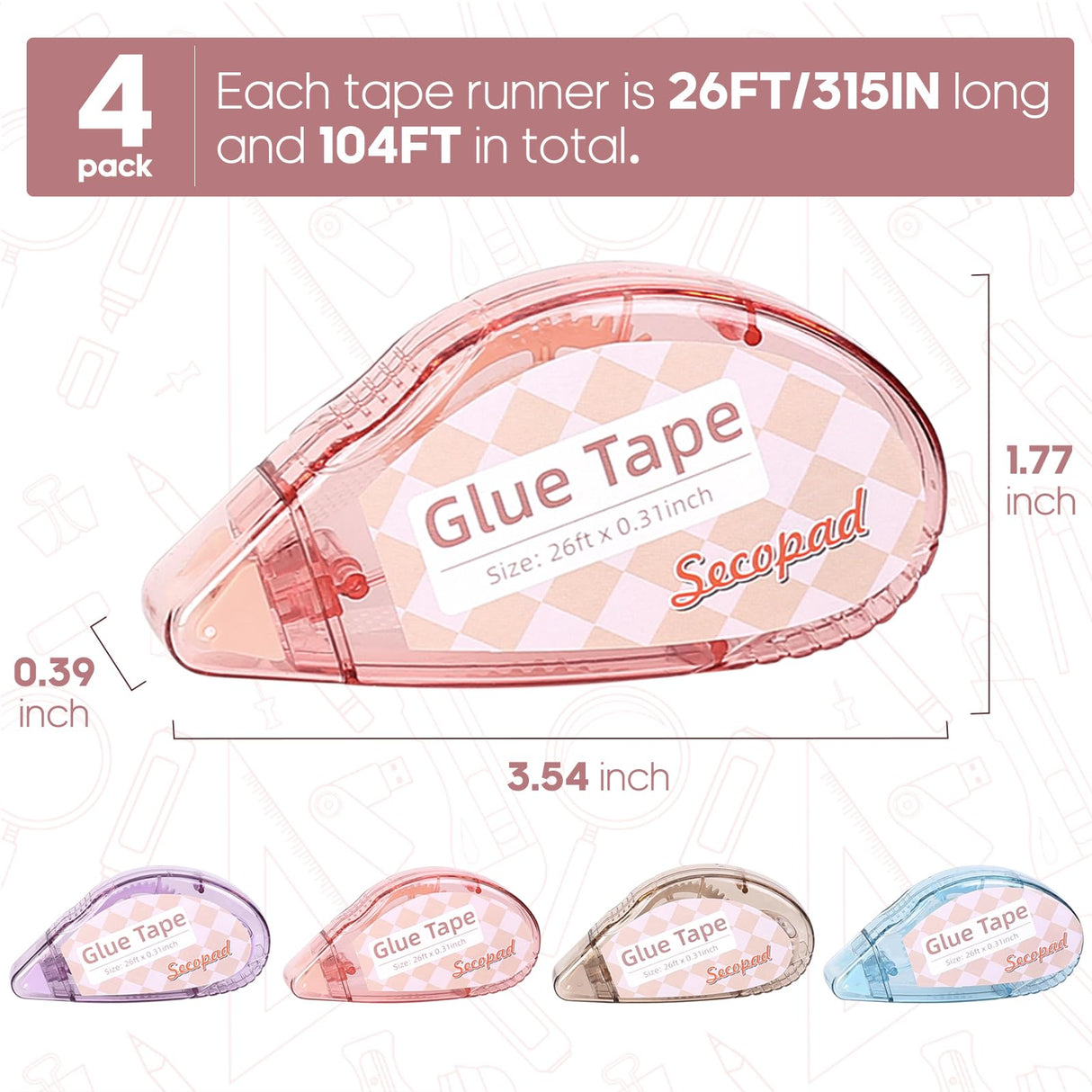 Secopad Scrapbook Tape, 4 Pack Double Sided Tape Roller for Crafts, Sticky Glue Tape Runner Scrapbooking Supplies for Kids and Adults, 0.3IN x 26FT Secopad