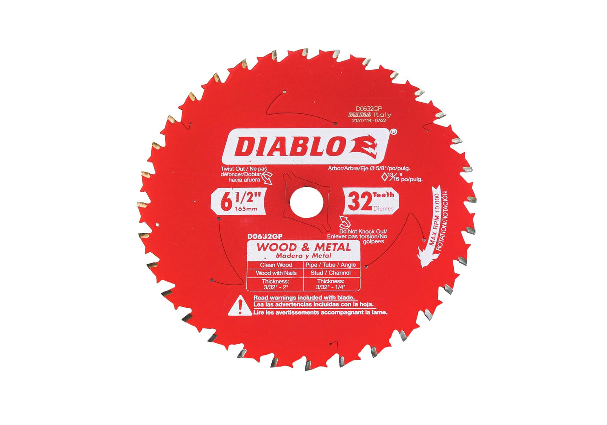 Diablo D0632GPX2 6-1/2" x 32 Tooth Wood and Metal Carbide Circular Saw Blade (2 Pack) Diablo