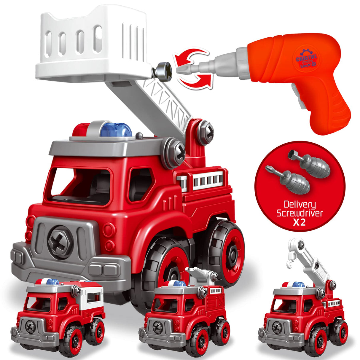 4-in-1 Take Apart Toys Truck with Electric Drill, DIY Assembly Fire Truck Toy Vehicles, Kids STEM Building Educational Cars Toys, Birthday Gifts for Toyk