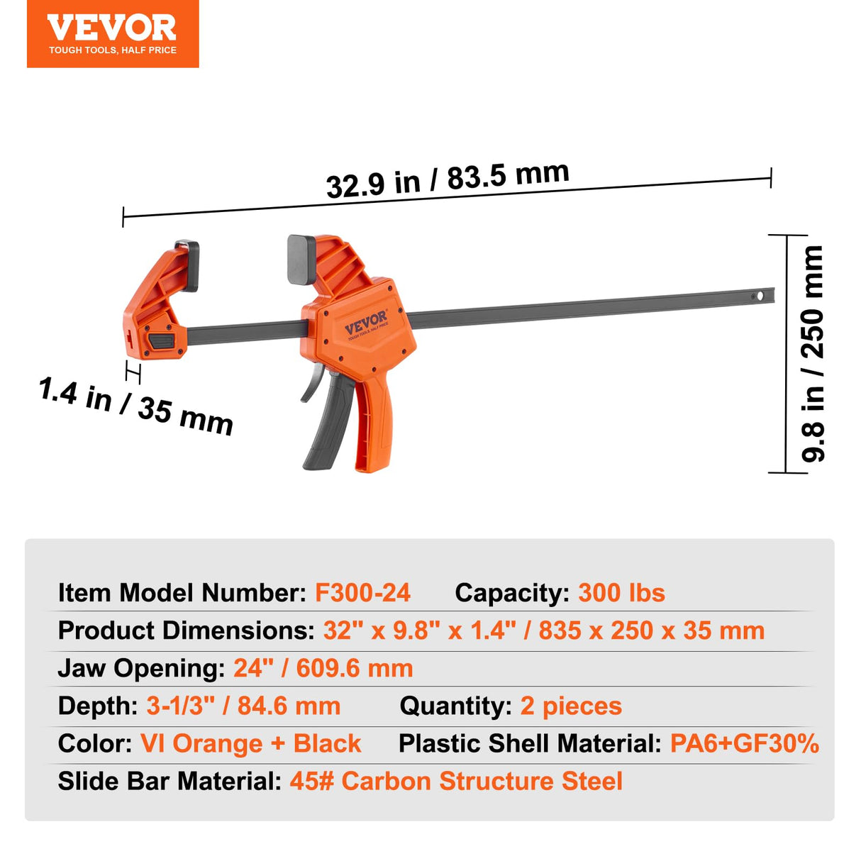 VEVOR Bar Clamps for Woodworking, 2-Pack 24" One-Handed Clamp/Spreader, Quick-Change F Clamp with 300 lbs Load Limit, High-strength Plastic and VEVOR