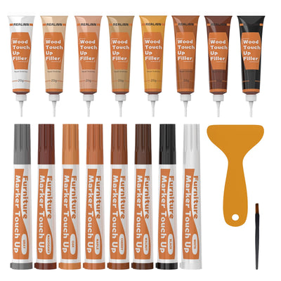REALINN Wood Furniture Repair Kit 8 Light Colors- Wood Fillers and Touch Up Markers, Repair Scratch, Cracks, Discoloration for Wooden Door, Floor,