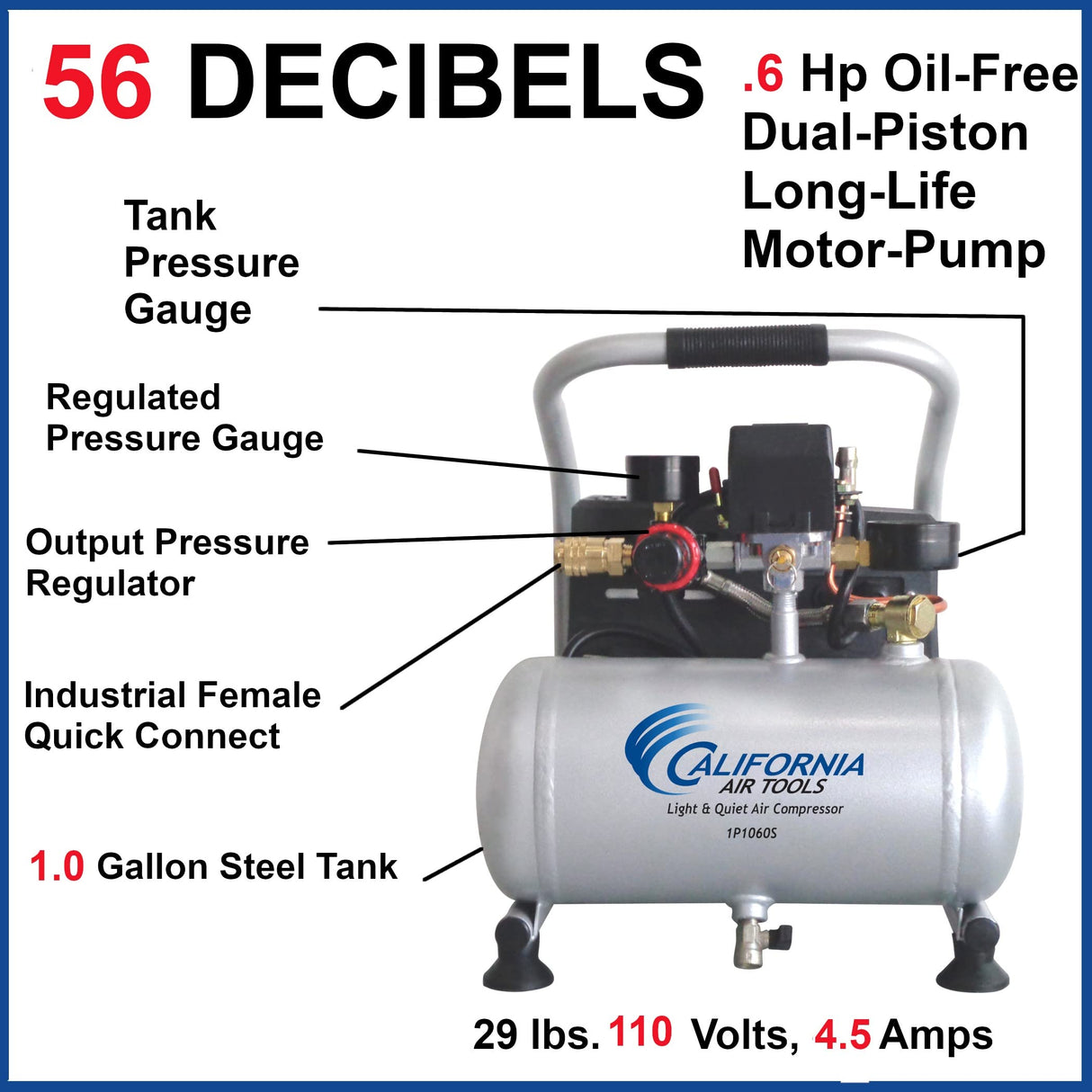 California Air Tools CAT-1P1060S Light & Quiet Portable Air Compressor, Silver California Air Tools