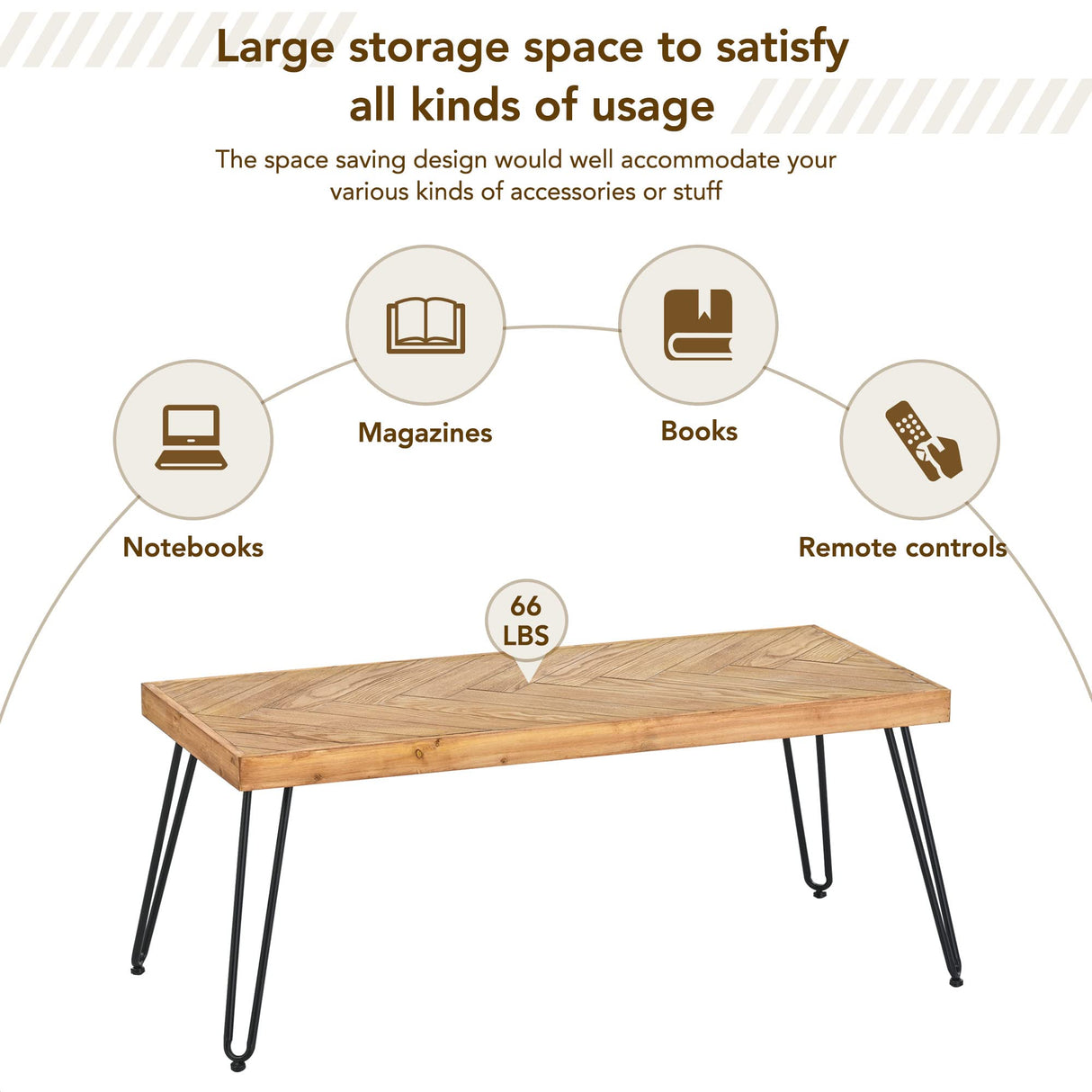 Modern Wood Coffee Table, Nature Cocktail Table for Living Room Chevron Pattern & Metal Hairpin Legs, Nature Rustic Rectangular Table P PURLOVE