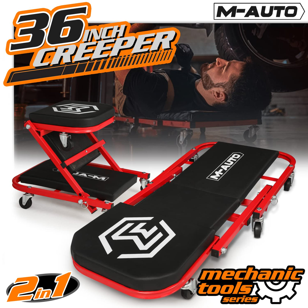 M-AUTO Foldable Z Creeper 2-in-1 Rolling Folding Car Creeper & Seat, 36" Adjustable Roller Garage Chair Lay Down or Sit, 330LBS Capacity Under Car M-AUTO
