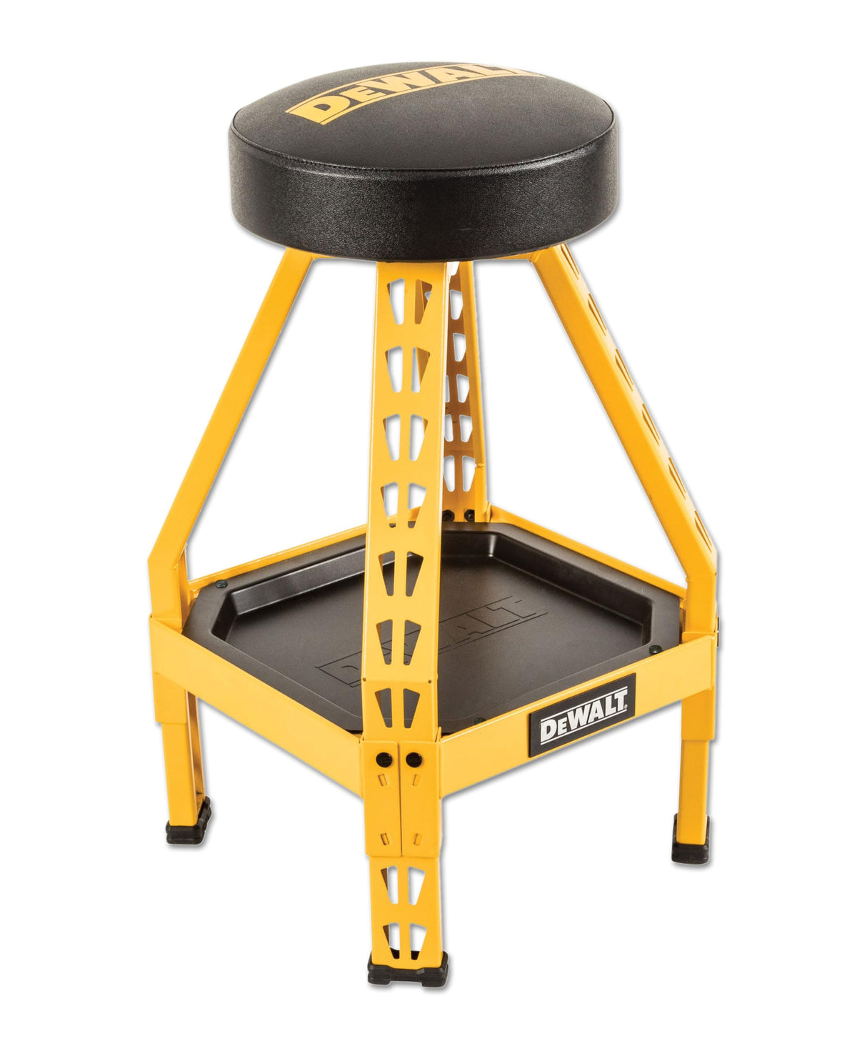 DEWALT Heavy-Duty Metal Stool for Garage and Shop, 360 Swivel Seat, Storage Tray, Padded Rip-Resistant Seat, Steel Frame, Industrial Powder Coating DEWALT