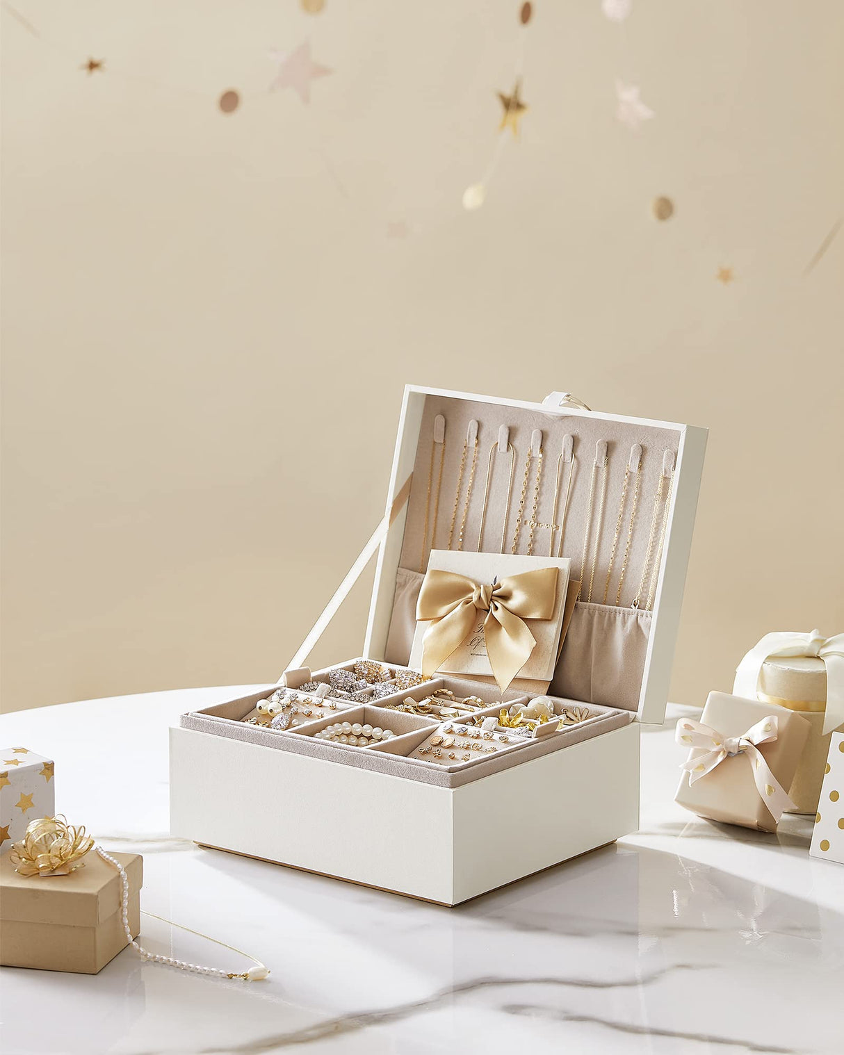 SONGMICS 2-Layer Jewelry Box, Jewelry Organizer with Handle, Removable Jewelry Tray, Jewelry Storage, Floating Effect, 8.1 x 9.4 x 4.3 Inches, Gift SONGMICS