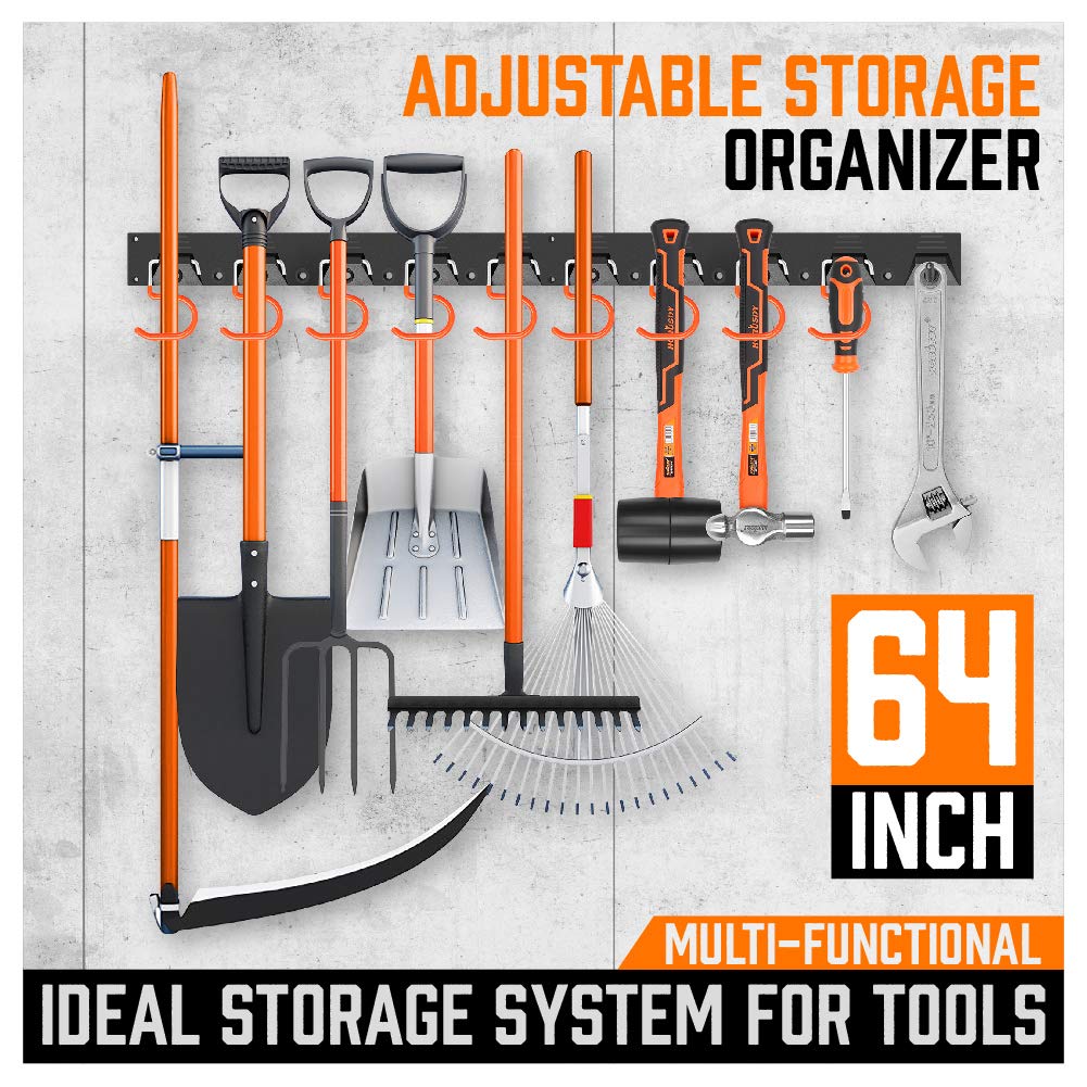 HORUSDY 64 Inch Adjustable Storage System, Wall Mount Tool Organizer, Hangers for Mop and Broom Holder Shovel, Rake, Broom Etc. HORUSDY