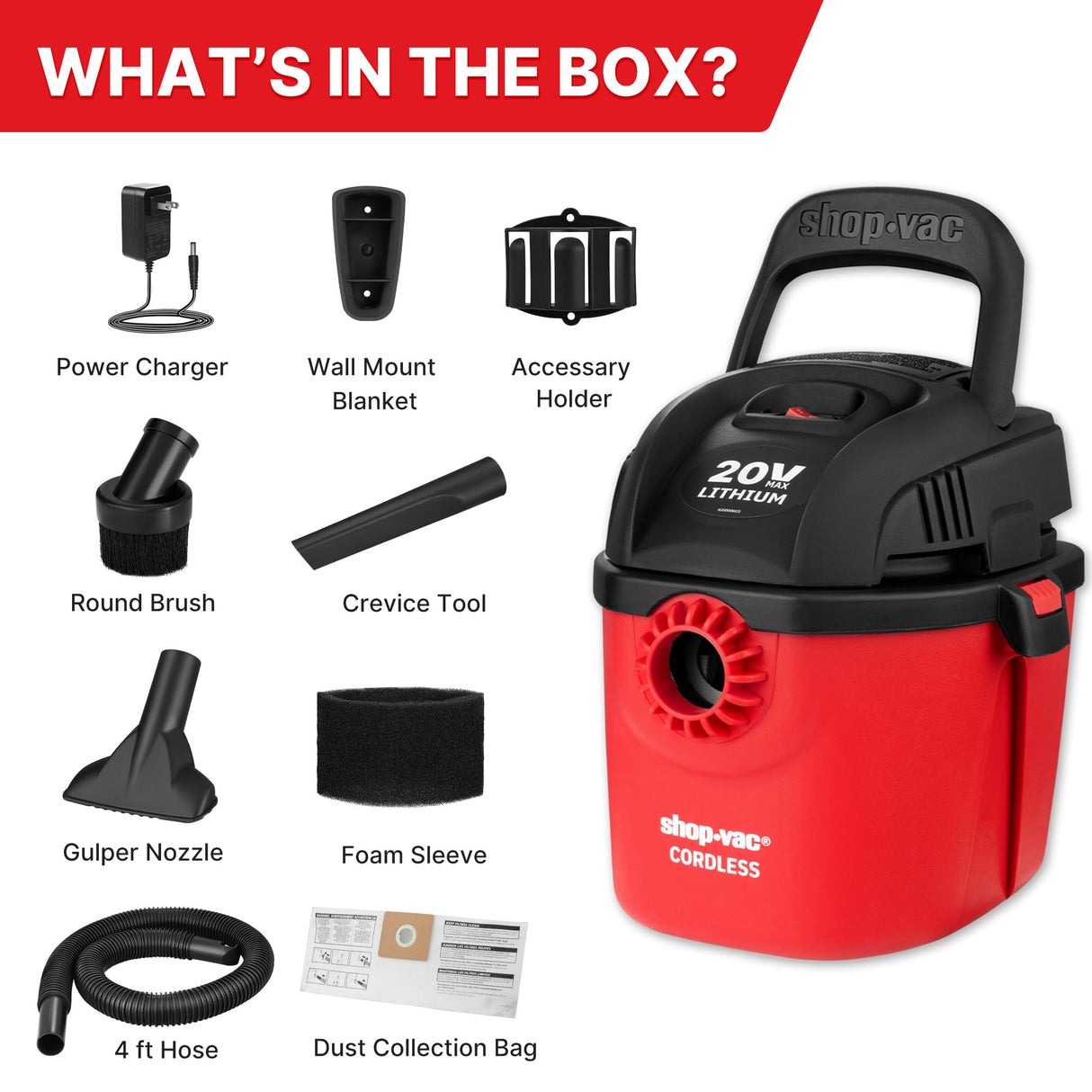 Shop-Vac Wet Dry Cordless Vacuum Cleaner, 8.0 Peak Kpa Cordless Vacuum Cleaner with Collapsible Handle Wall Bracket & Multifunctional Attachments, Shop-Vac