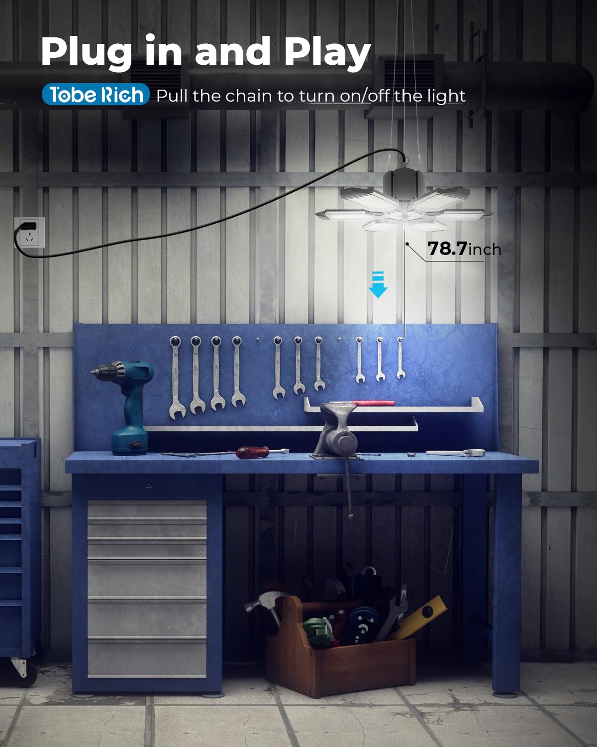 toberich 2-Pack Plug in Garage Light, 200W 20000LM Linkable LED Shop Light w/Pull Chain(ON/Off), 6+1 Deformable Panels, 6500K LED Ceiling Lights for toberich