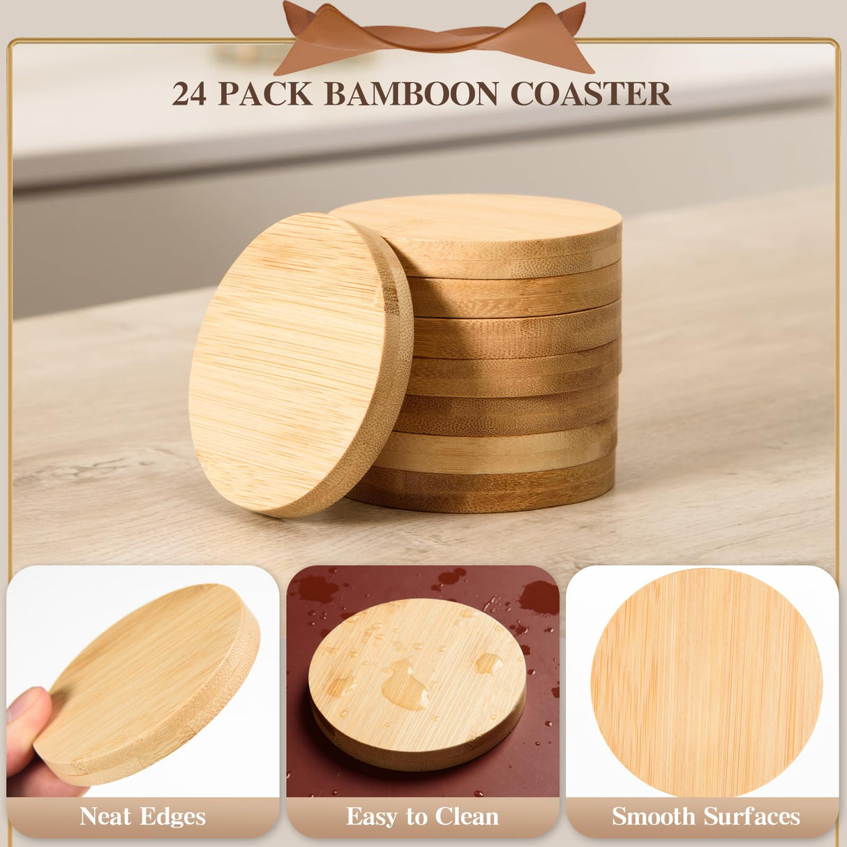 24 Pcs Round Bamboo Coasters 3.15 Inch Bamboo Wood Coasters Natural Wooden Coasters Bamboo Drink Cup Coasters Set for Coffee Table, Hot Drinks, Cold AWIZOM