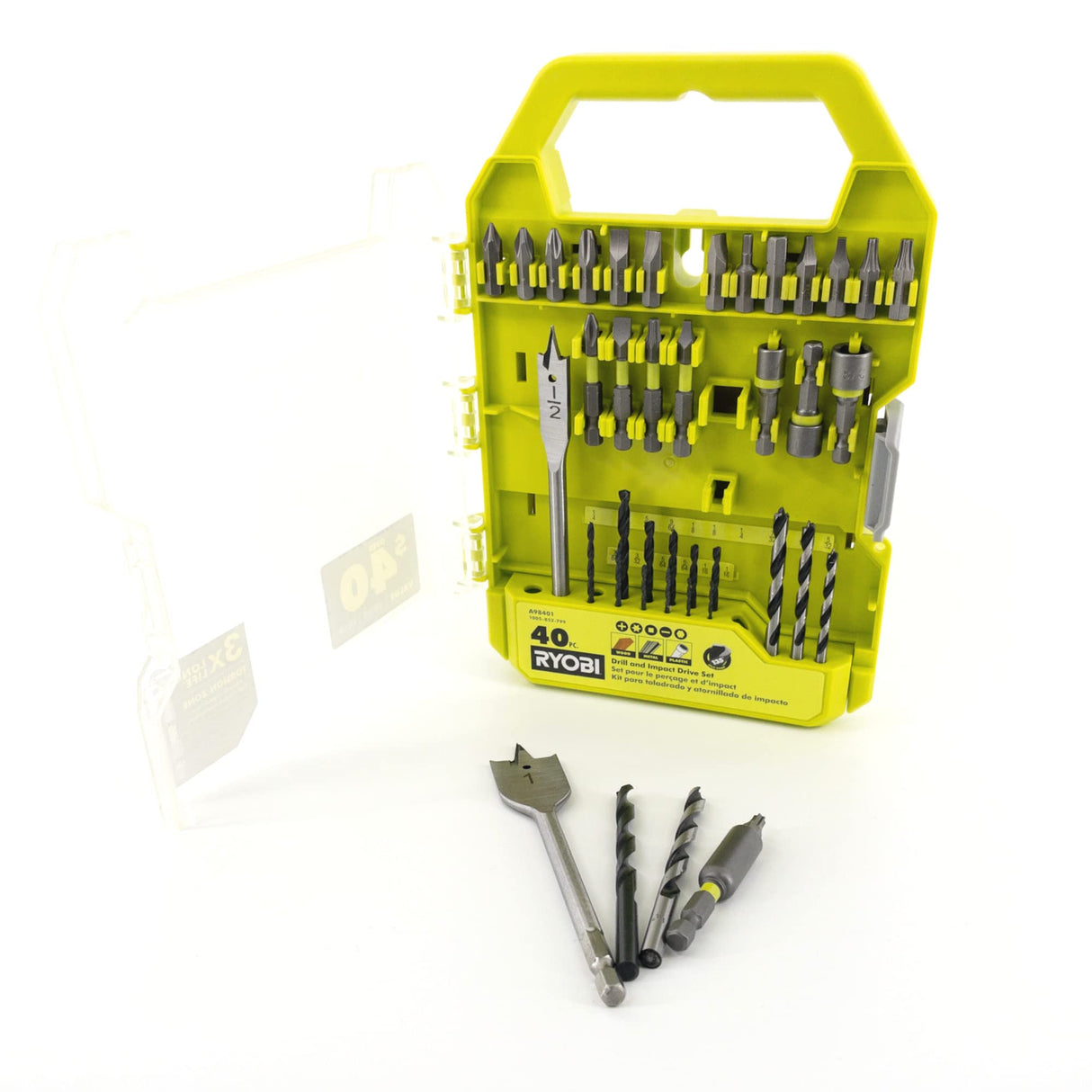 Drill Set Bundle with Ryobi 18V Cordless Drill, 1.5 Ah Lithium-ion Battery, 18-Volt Battery Charger, 40 Piece Multipurpose Drill Bits, and Buho 16 Ryobi