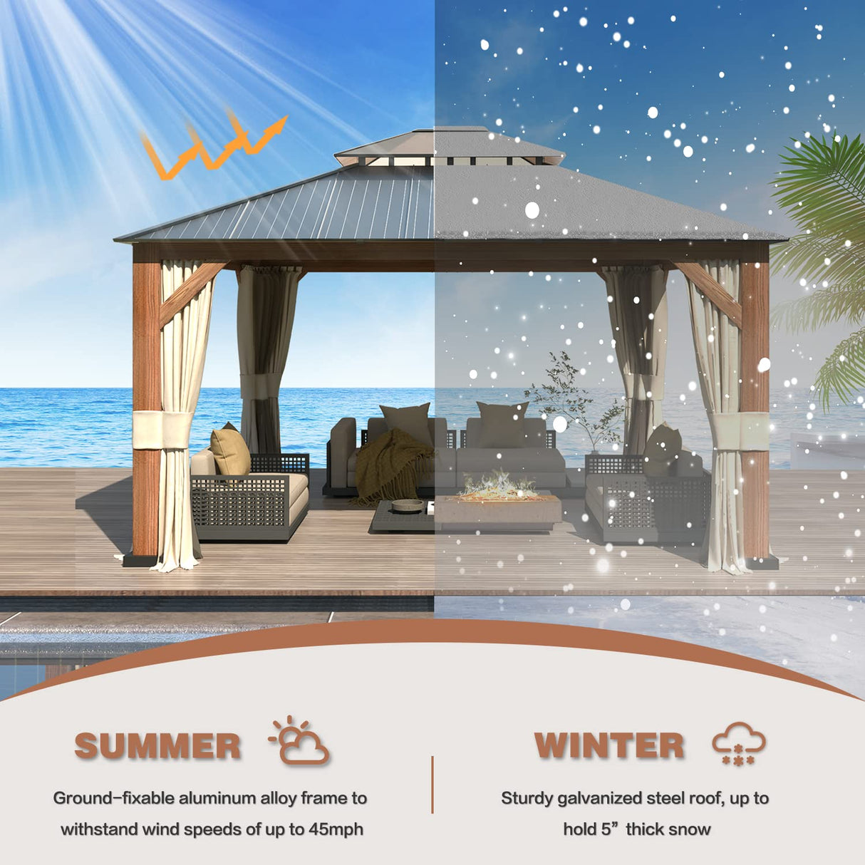 YOLENY 12' x 14' Ultra-Thick Columns and Beams Hardtop Gazebo, Metal Gazebo with Faux Wood Grain Aluminum Frame, Dual Material Double Roof, Outdoor YOLENY