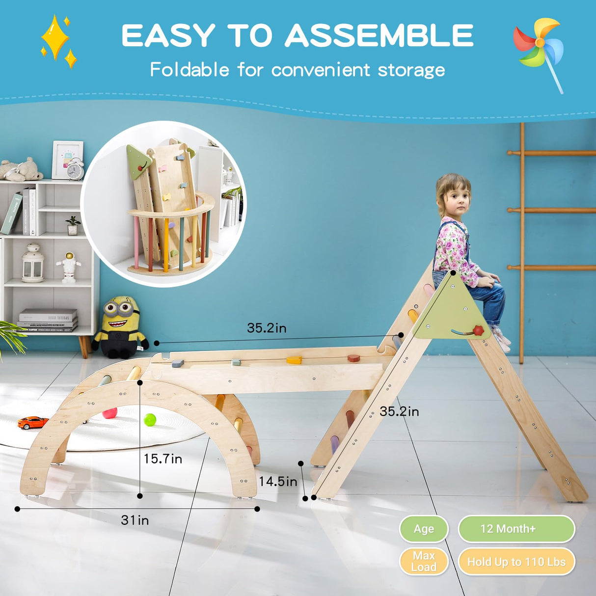 AmazingJoy Pikler Triangle Set Climber 3 Piece Climbing Gym 5 in 1,Climbing Toys for Toddlers 1-3 Inside Wooden Montessori Climbing Set,Baby Climbing AmazingJoy