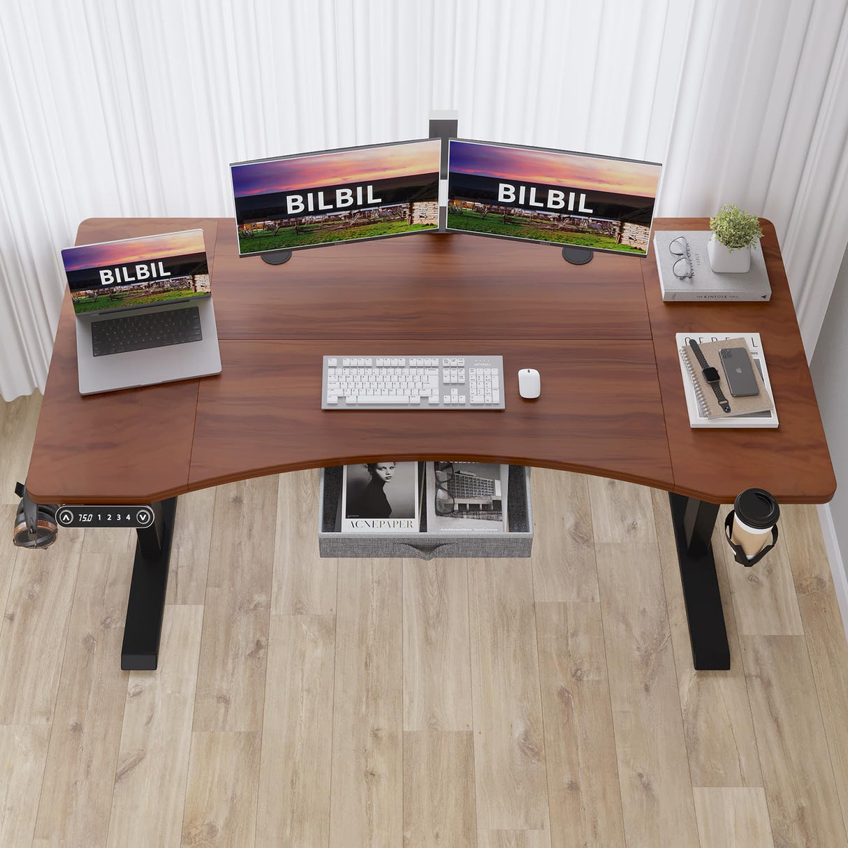 bilbil 63x30 Inches Dual Motor Electric Standing Desk with Drawer, Height Adjustable Sit Stand Up Desk with 4 Splice Boards, Home Office Desk bilbil