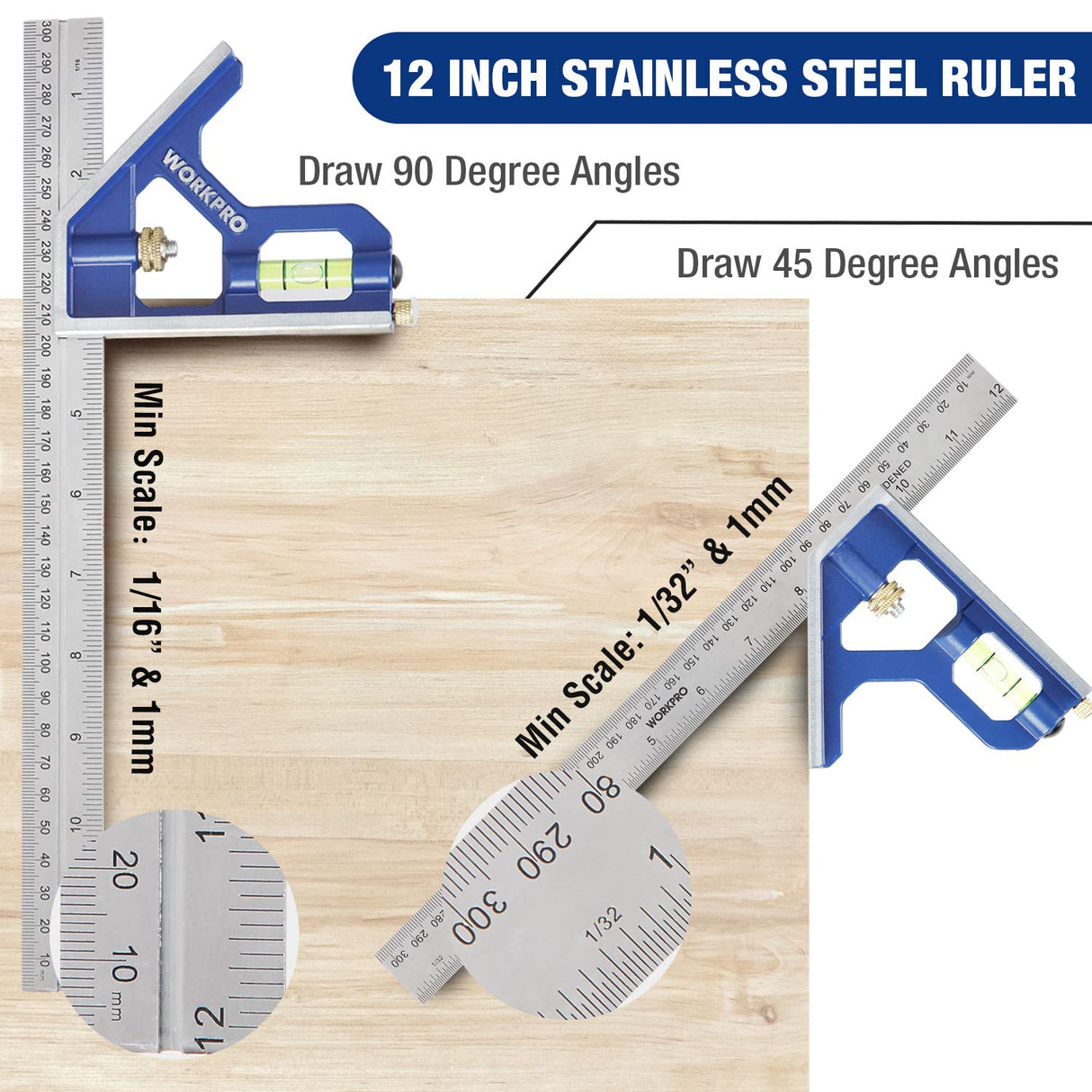 WORKPRO Aluminum Alloy Carpenter Square and Zinc-Alloy Square Ruler Set - 7 in. Rafter Layout Tool and 12 in. Combination Square Combo WORKPRO