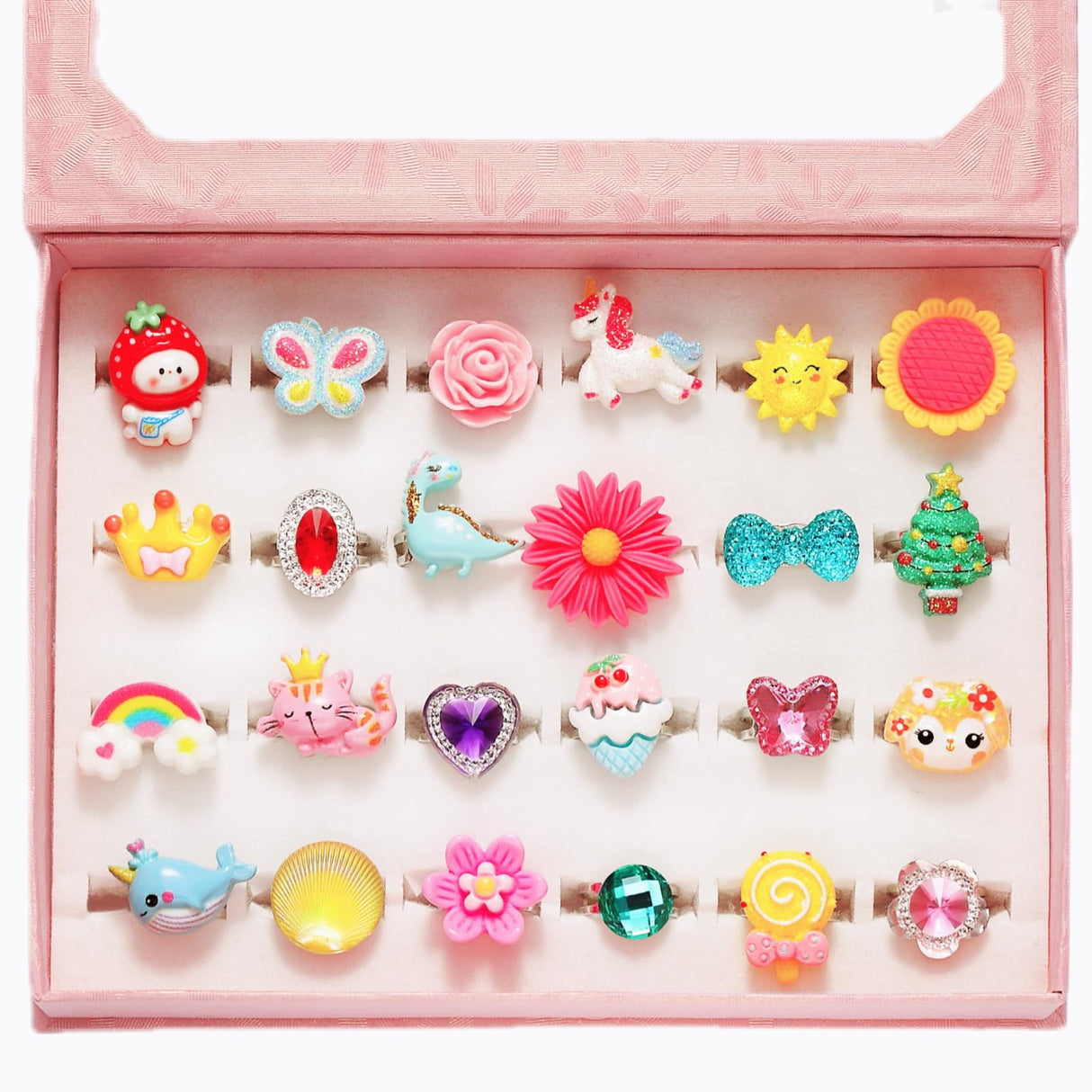 PinkSheep Little Girl Jewel Rings in Box, Adjustable, No Duplication, Girl Pretend Play and Dress Up Rings (24 Lovely Ring) PinkSheep