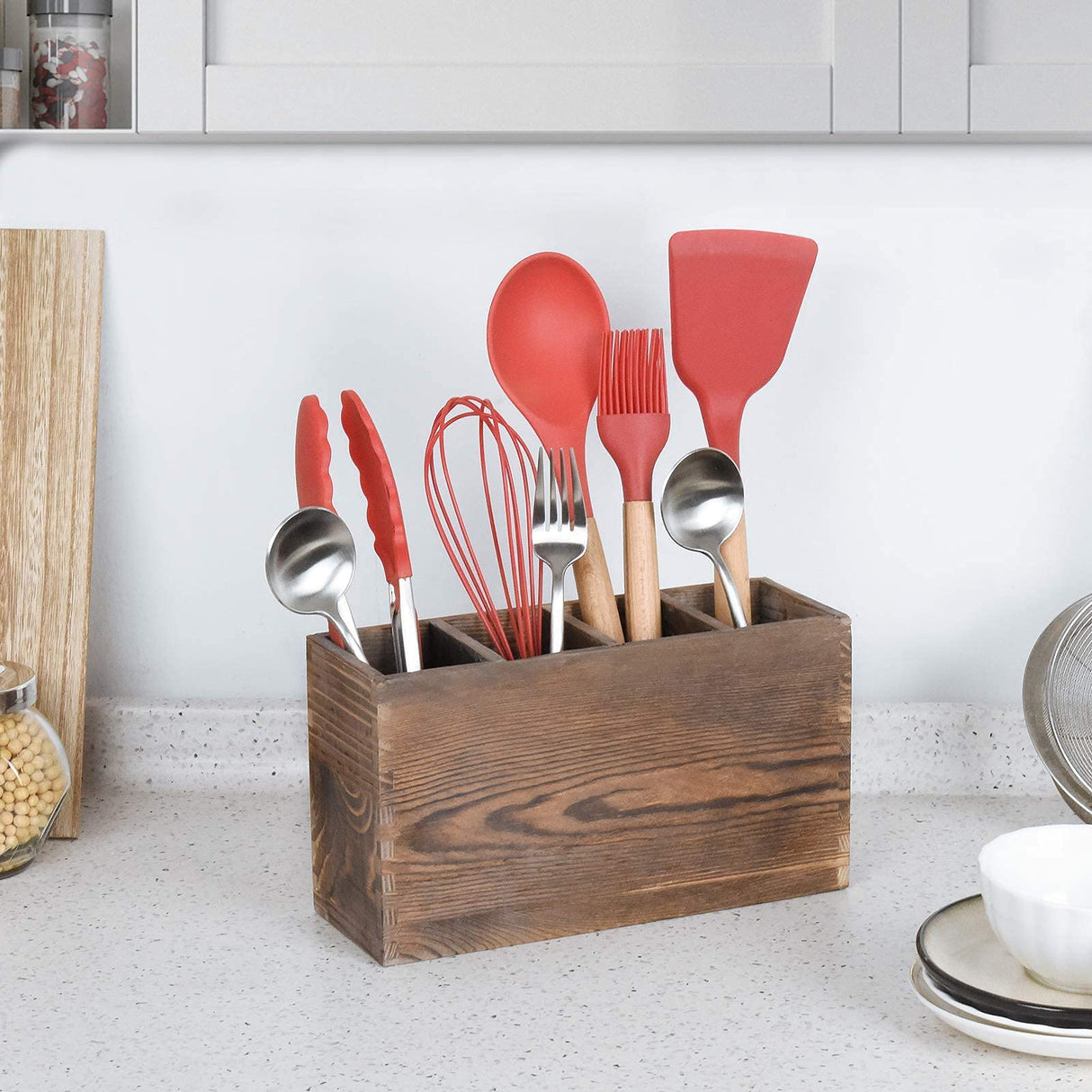 WuGeShop Rustic Utensil Caddy, 4 Adjustable Compartments Wooden Silverware Caddy, Upgraded Version kitchen Utensil Holders for Countertop WuGeShop