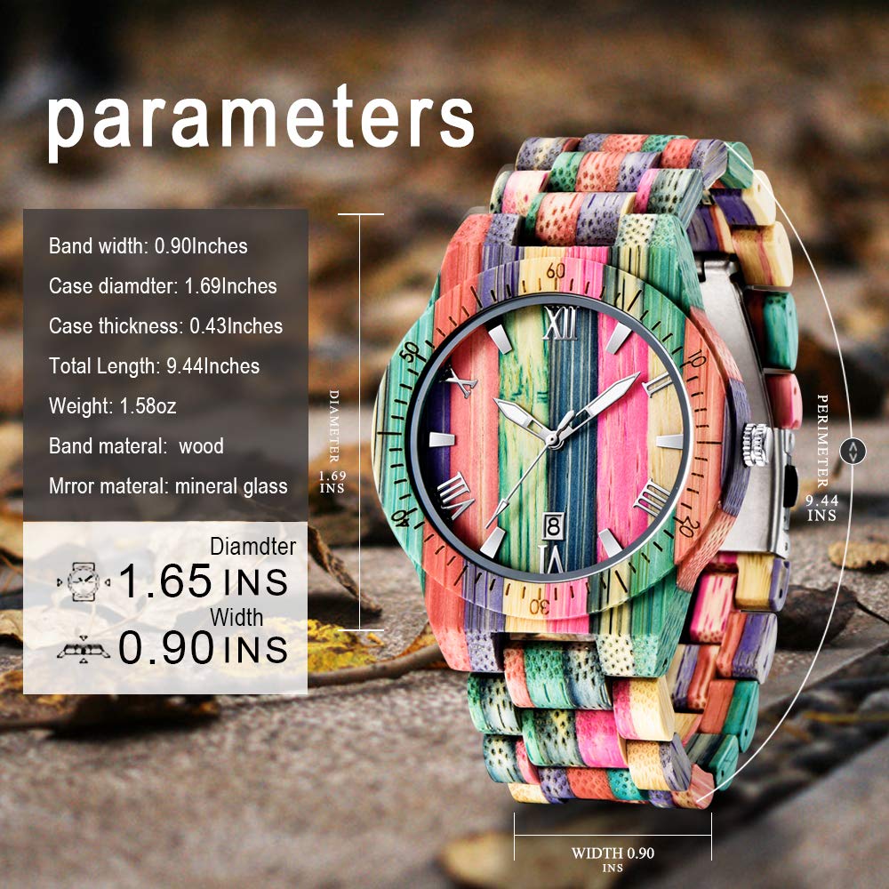 Tiong Brand Wooden Watches Mens with Handmade Colorful Bamboo Wood Watch Analog Date Quartz Wooden Watch for Men Tiong