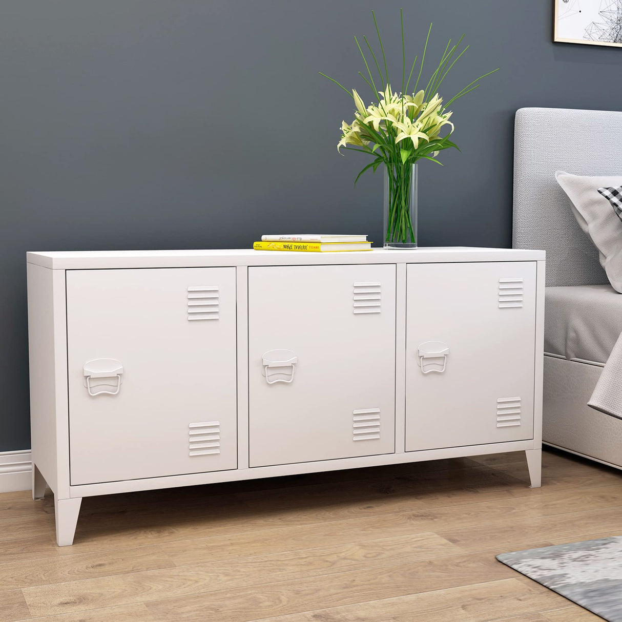 MIOCASA TV Stand Metal TV Table with Storage Steel 3 Door Locker Cabinet for Living Room (White) MIOCASA