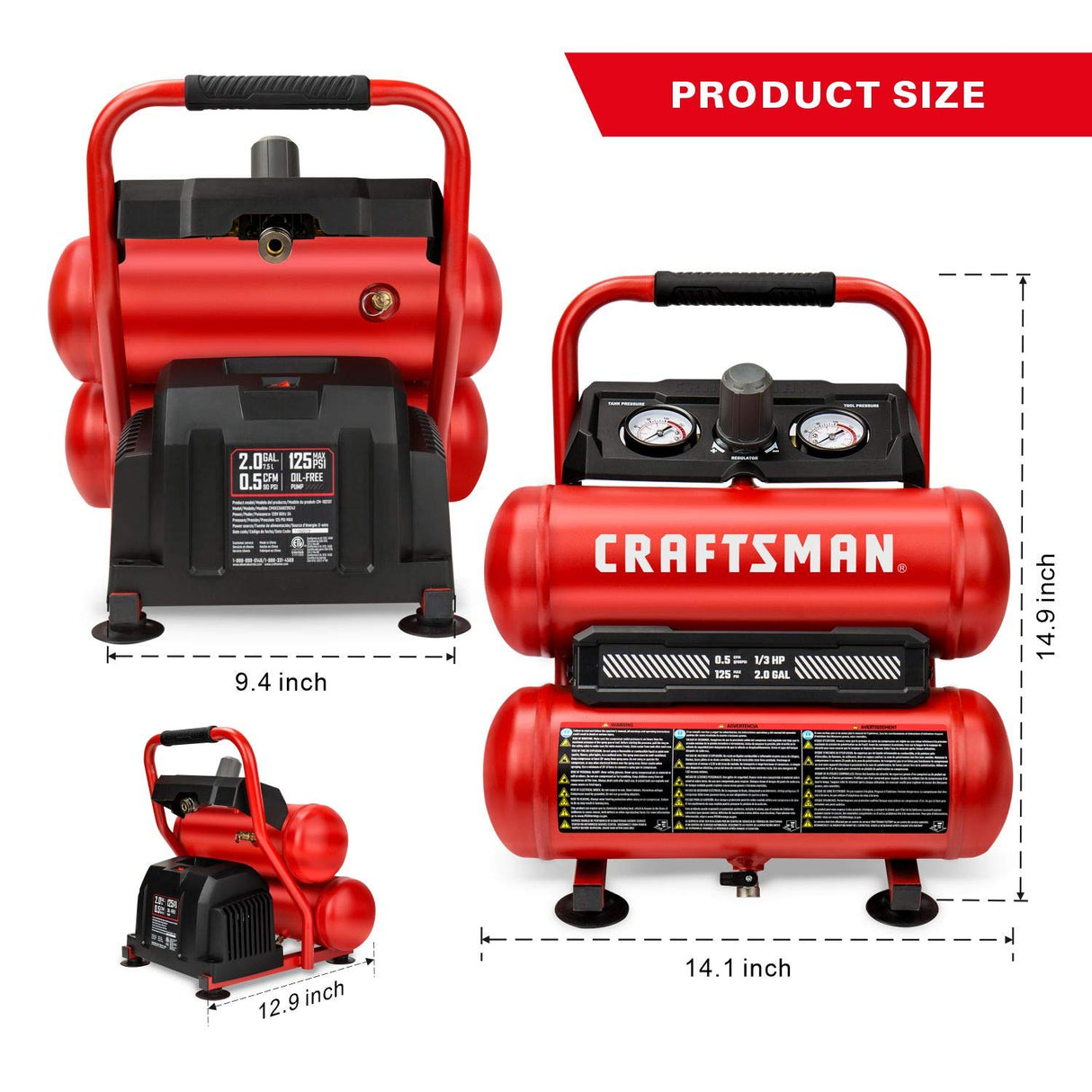 CRAFTSMAN Air Compressor Portable Air Tool Twin Tank 2Gallon, 1/3 HP Oil-Free Max 125 PSI Pressure, Model: CMXECXA0220242, Red Craftsman