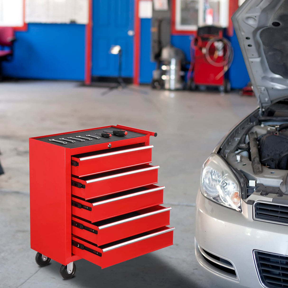 TUFFIOM 5-Drawer Rolling Tool Chest w/Lock & Key, Tool Storage Cabinet with Wheels, Top Cushion & Drawer Liners, Tool Organizer Box for Garage, TUFFIOM