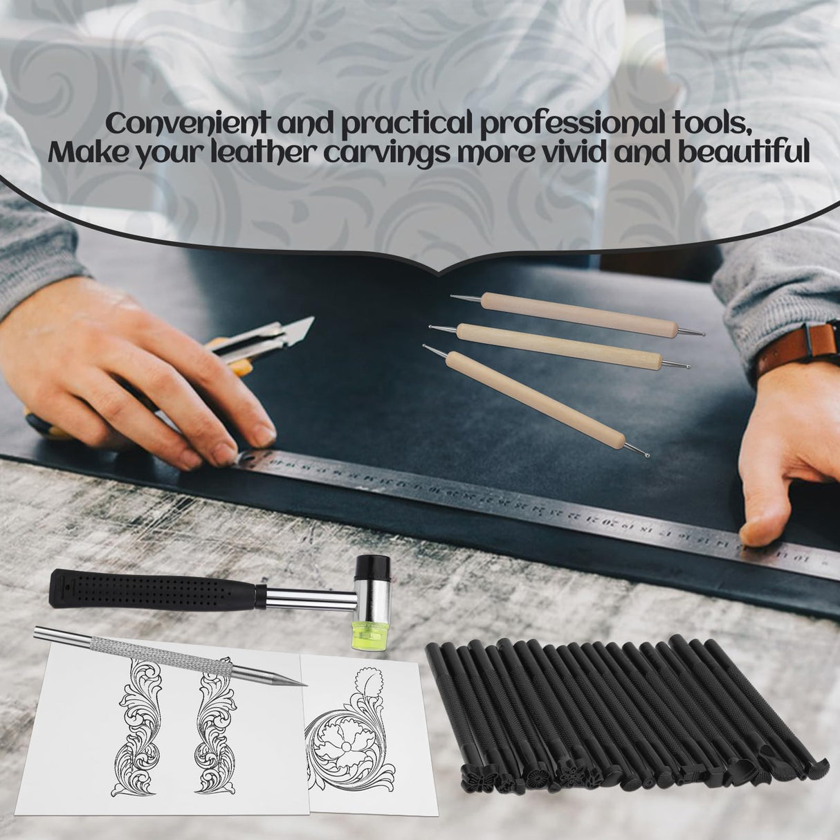 QMNNMA Leather Stamping Tools, Saddle Making Stamp Punch Set with Leather Scriber Pen, Leather Working Hammer and Tracing Paper, for Leather Carving QMNNMA