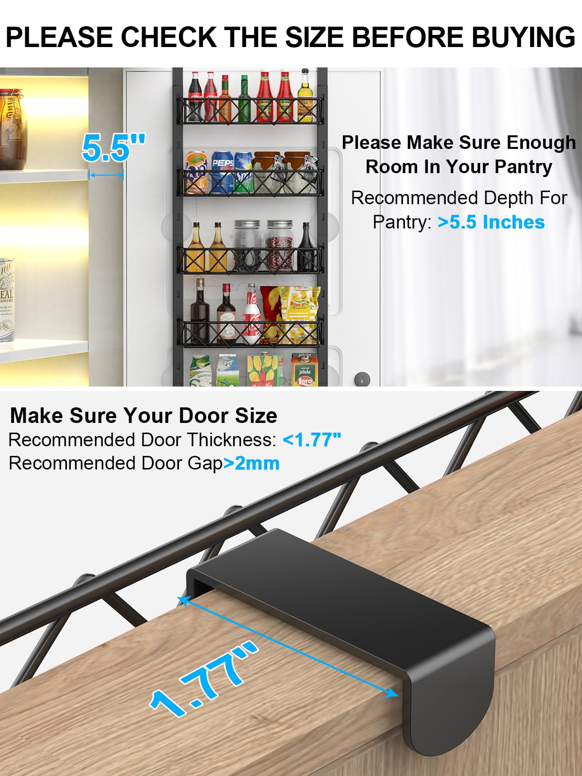 Fulpower Over the Door Pantry Organizer, 6+1 Pantry Door Organizer with Adjustable Basket, Metal Spice Rack Storage for Kitchen Pantry Black (Black 6 Fulpower