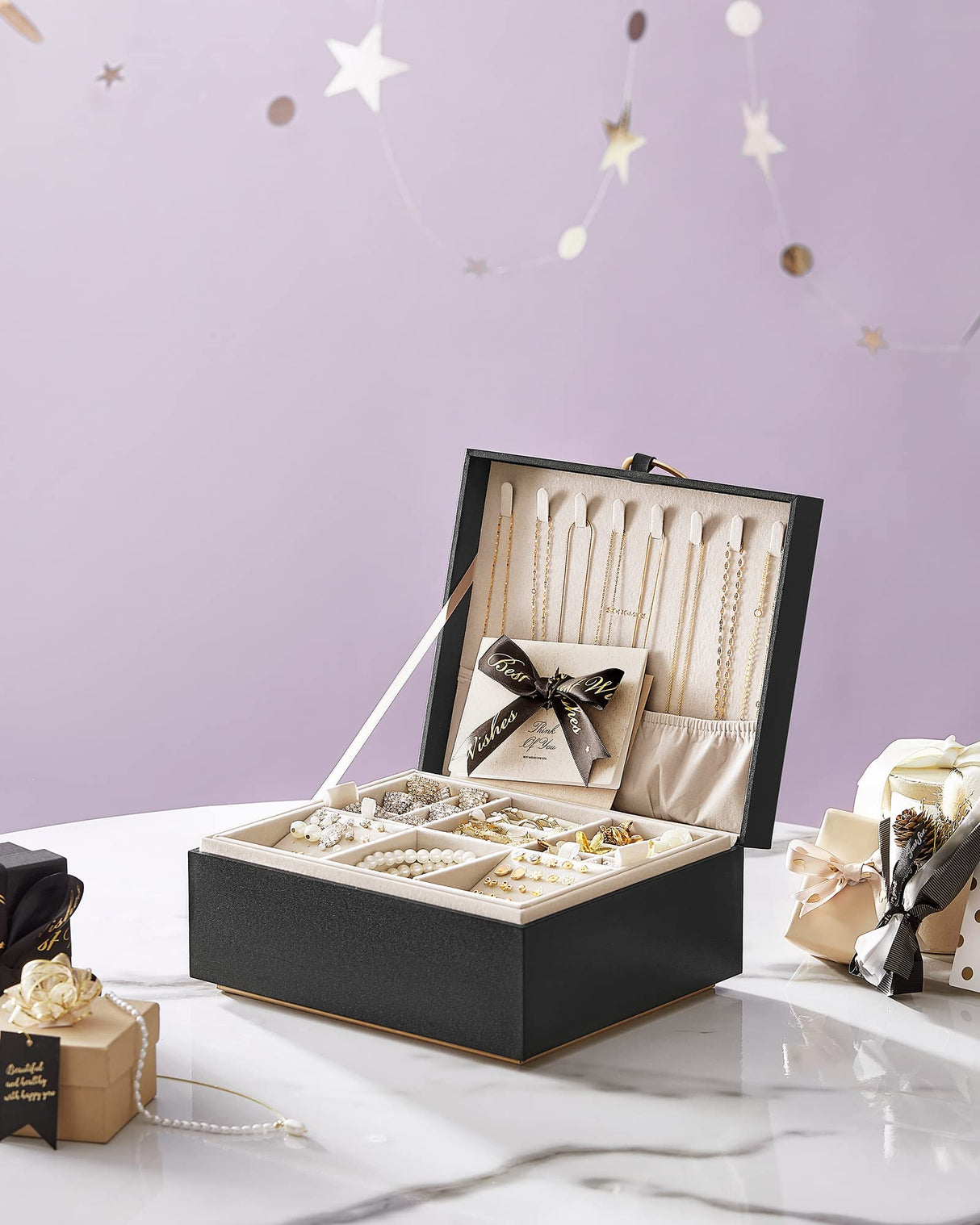 SONGMICS 2-Layer Jewelry Box, Jewelry Organizer with Handle, Removable Jewelry Tray, Jewelry Storage, Floating Effect, 8.1 x 9.4 x 4.3 Inches, Gift SONGMICS