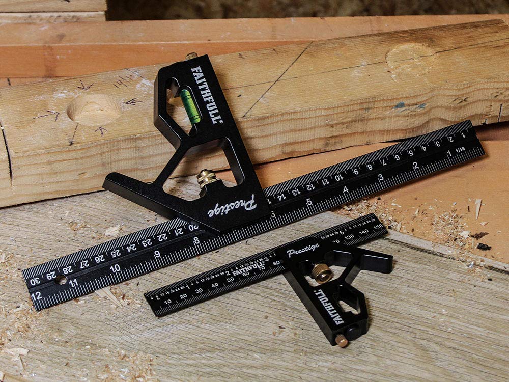 Faithfull FAICS300TCNC Prestige Twin Pack Aluminium Combination Squares 150 mm (6 in) and 300 mm (12 in),Black Faithfull