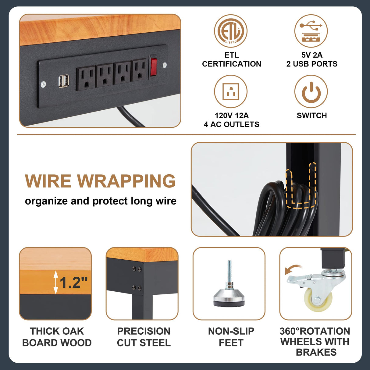 HABUTWAY Height Adjustable Workbench with Wheels 60“ x 22" 2000 Lbs Capacity Oak Board Work Station Heavy-Duty Rolling Work Benches for Garage Party HABUTWAY