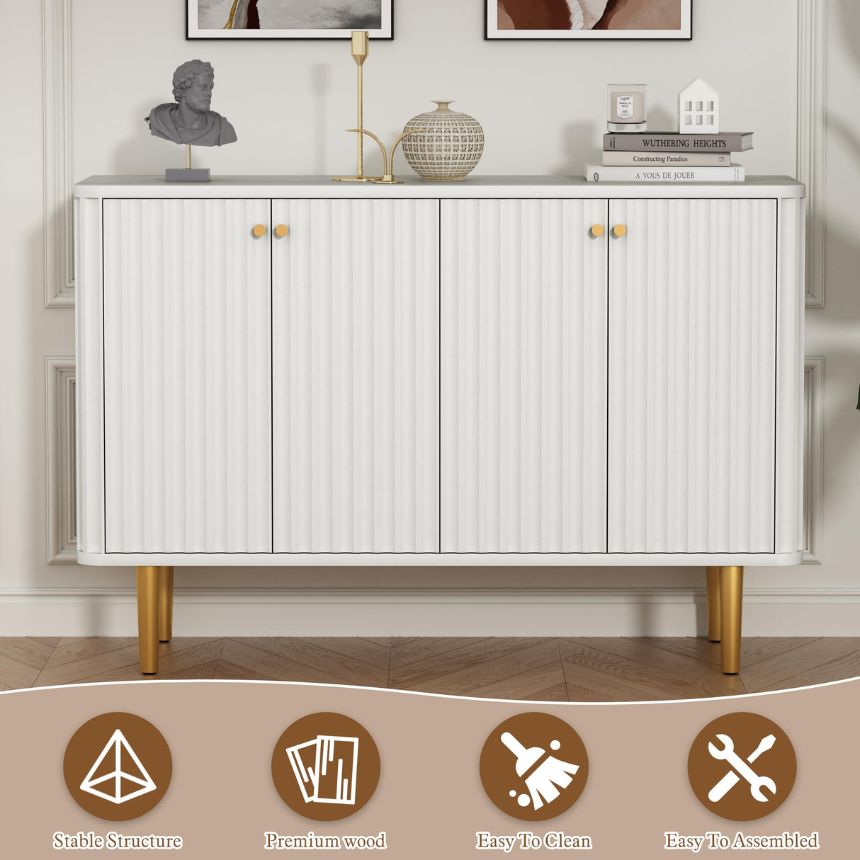 HLR Sideboard Buffet Cabinet, 48" Modern Accent Cabinet with 4 Door and Removable Shelves, Credenza Entryway Cabinet with Storage for Living Room, HLR