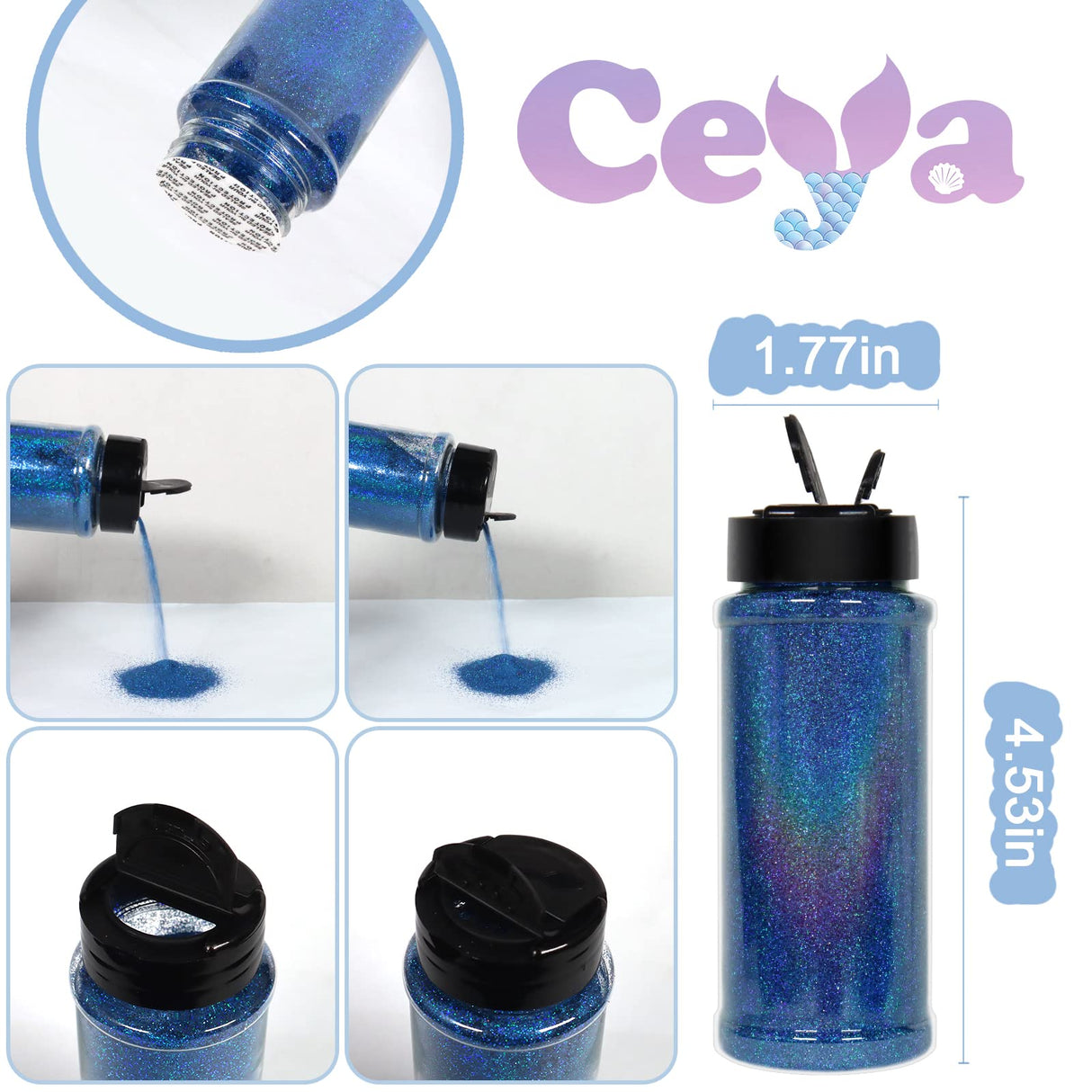 Ceya 3.5oz/ 100g Holographic Ultra Fine Glitter Powder Laser Royal Blue Glitter 1/128” 0.008” 0.2mm for Slime Epoxy Resin Craft Tumbler Jewelry Nail ceya