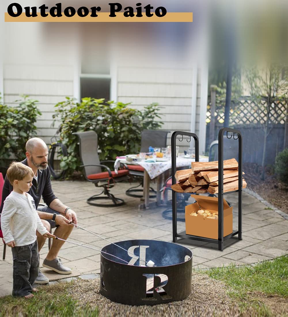 Artibear Small Firewood Rack Holder for Indoor Fireplace, 2-Tier Fire Wood Log Storage Stacker Stand for Outdoor Patio, Black Artibear