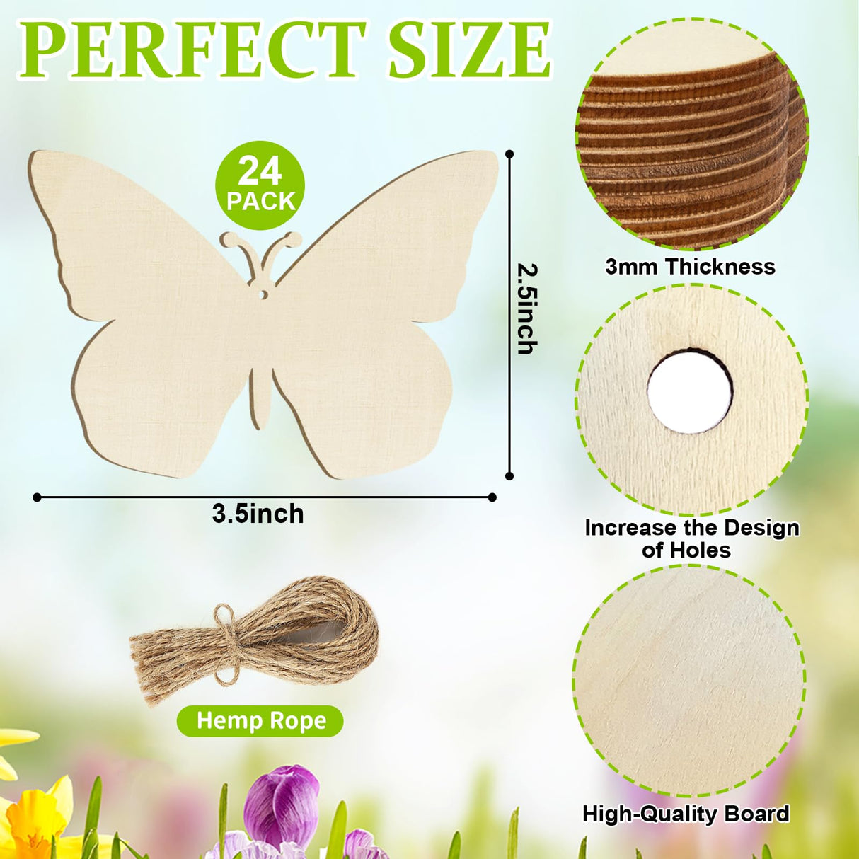 Wooden Butterfly Ornaments to Paint Spring Decoration Cutouts Unfinished 24PCS 3.5 x 3 inches, DIY Blank Unfinished Wood Discs Ornament for Home Sophena